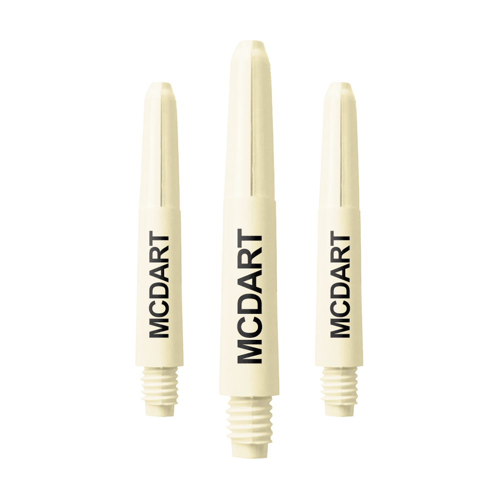 Das Bild zeigt drei naturweiße Nylon-Schäfte für Darts. Auf jedem Schaft steht der Schriftzug "MCDART" in schwarzer Schrift.