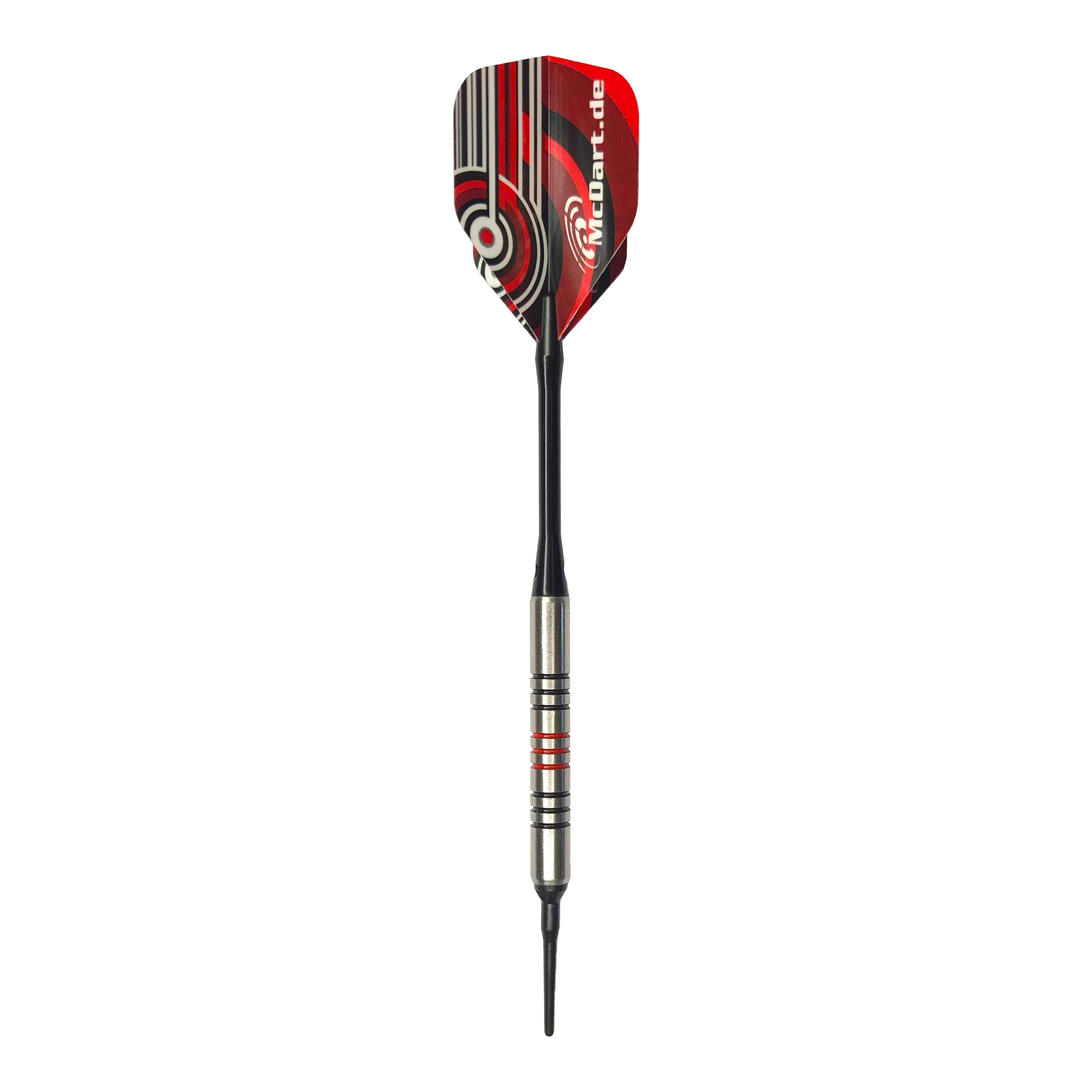 McDart 85 Tungsten V11 Soft Darts - 17.5g Dies ist ein McDart 85er Tungsten V11 Softdart mit einem Gewicht von 17,5g. Der Dart hat ein silbernes Barrel mit schwarzen und roten Ringen sowie ein rot-schwarzes Flight-Design.