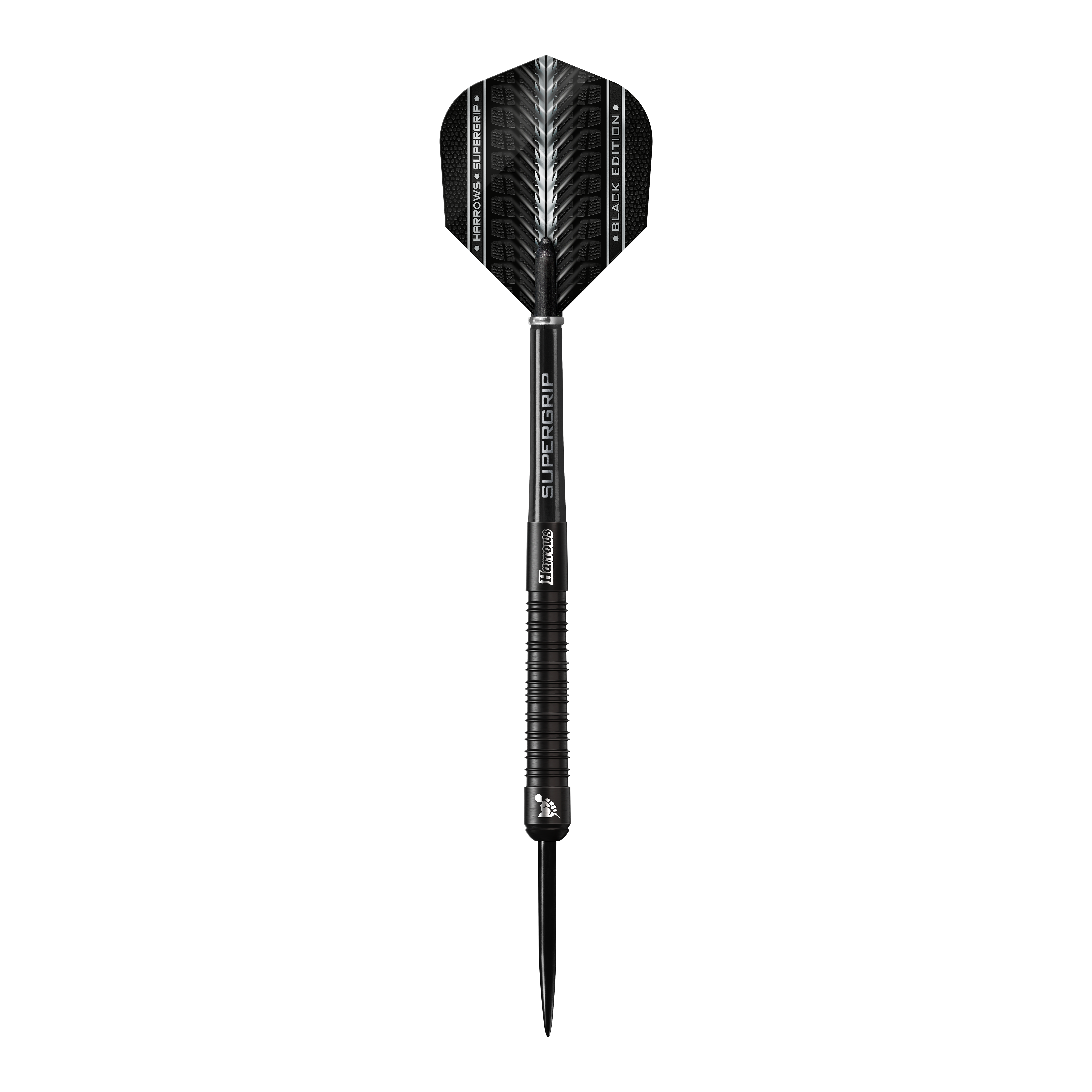 Harrows Supergrip Black Edition steel darts Das Bild zeigt einen schwarzen Steeldart der Marke Harrows Supergrip Black-Edition. Der Dart hat ein elegantes, komplett schwarzes Design mit feinen silbernen Akzenten.