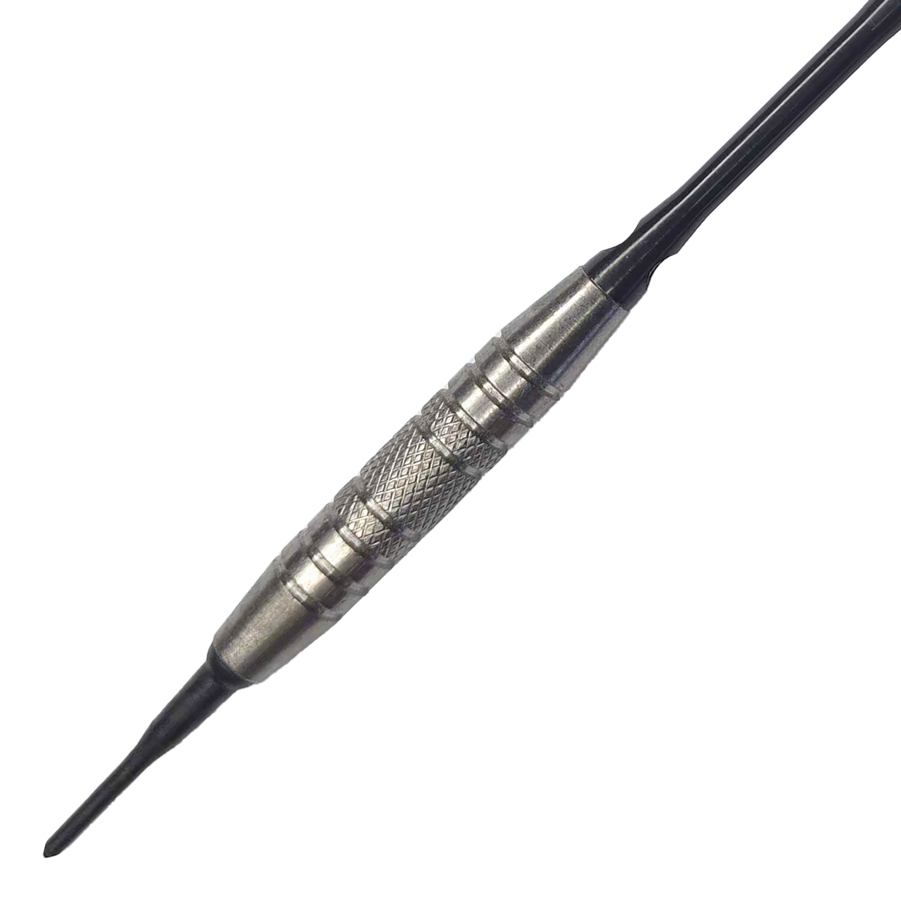 McDart 85 Tungsten V6 Soft Darts - 16g Das Bild zeigt einen Softdart namens "McDart 85er Tungsten V6" mit einem Gewicht von 16 Gramm. Der Dart hat einen silbernen, strukturierten Griffbereich für besseren Halt.