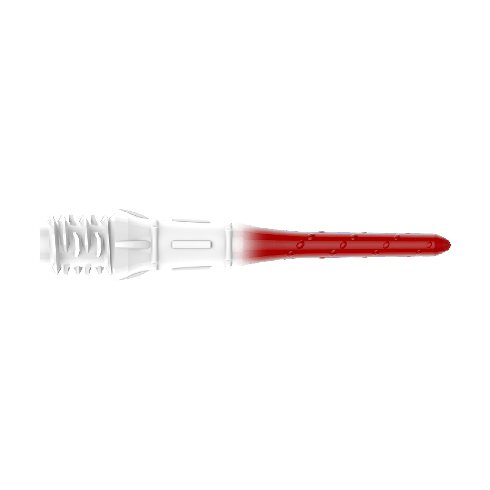 Das Bild zeigt eine Dartspitze mit einem Farbverlauf von Weiß zu Rot. Die Spitze hat ein gezacktes Gewinde auf der linken Seite und ist glatt auf der rechten Seite.