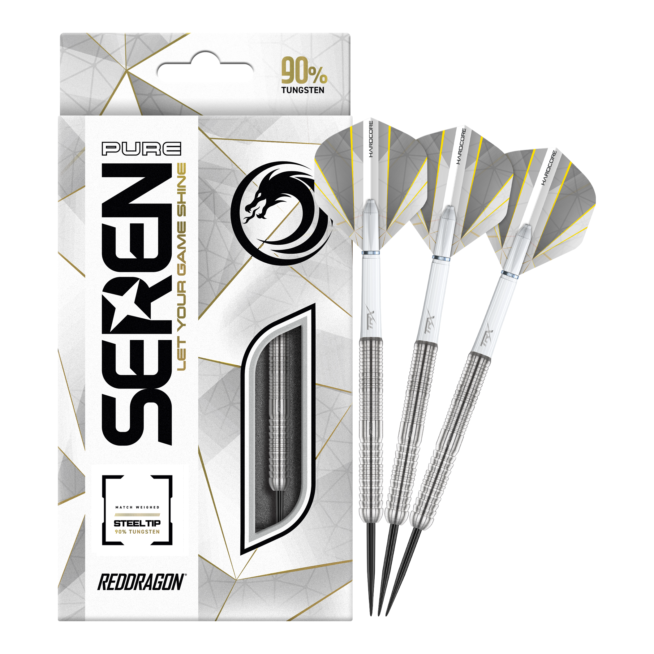 Red Dragon Seren 1 Pure Steeldarts Auf dem Bild sind die Red Dragon Seren 1 Pure Steeldarts und ihre Verpackung zu sehen. Die Darts bestehen zu 90 % aus Tungsten und haben ein elegantes, silbernes Design.