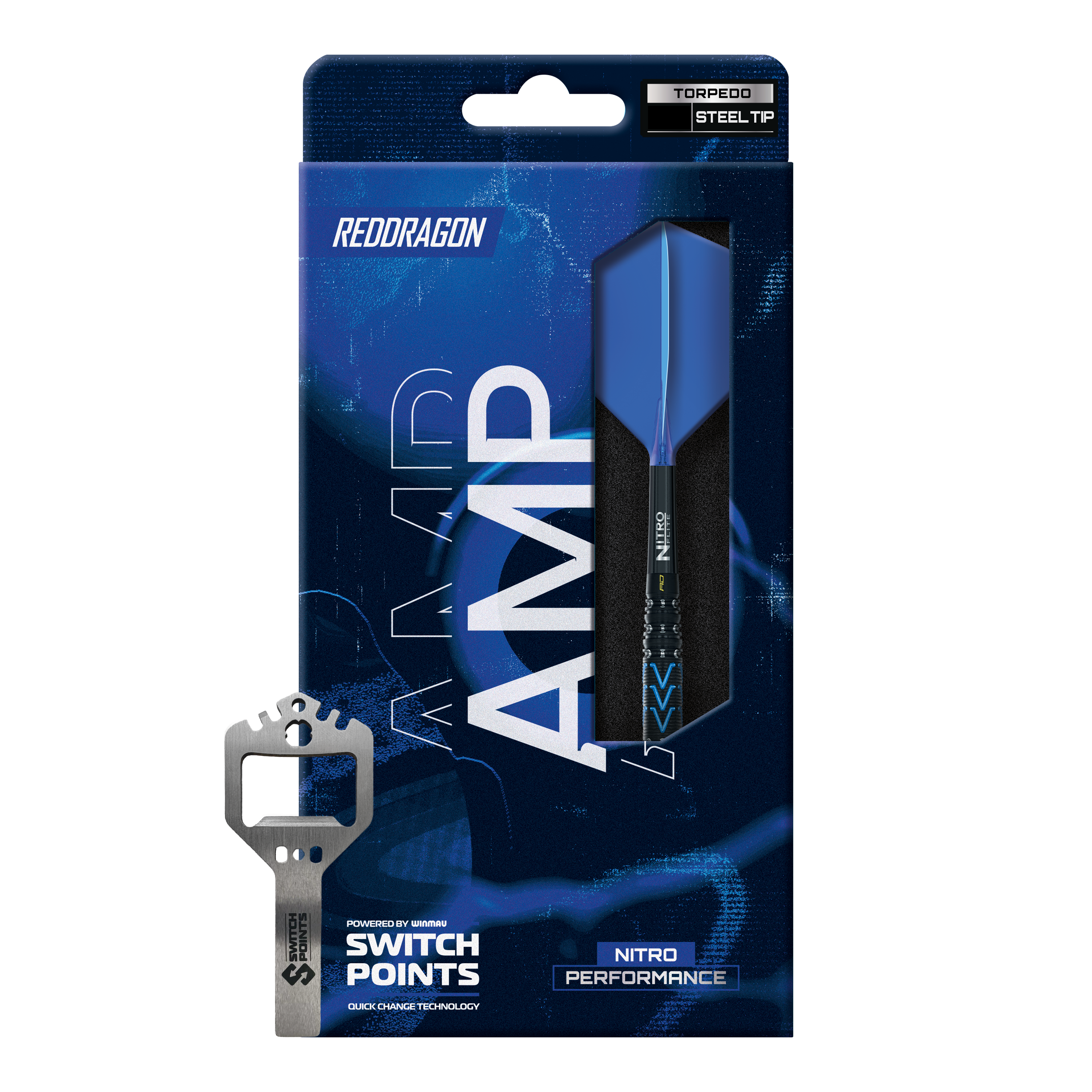 Das Bild zeigt die Red Dragon AMP Torpedo Switch Point Steeldarts. Die Darts haben ein modernes Design und sind für Präzisionswürfe geeignet.
