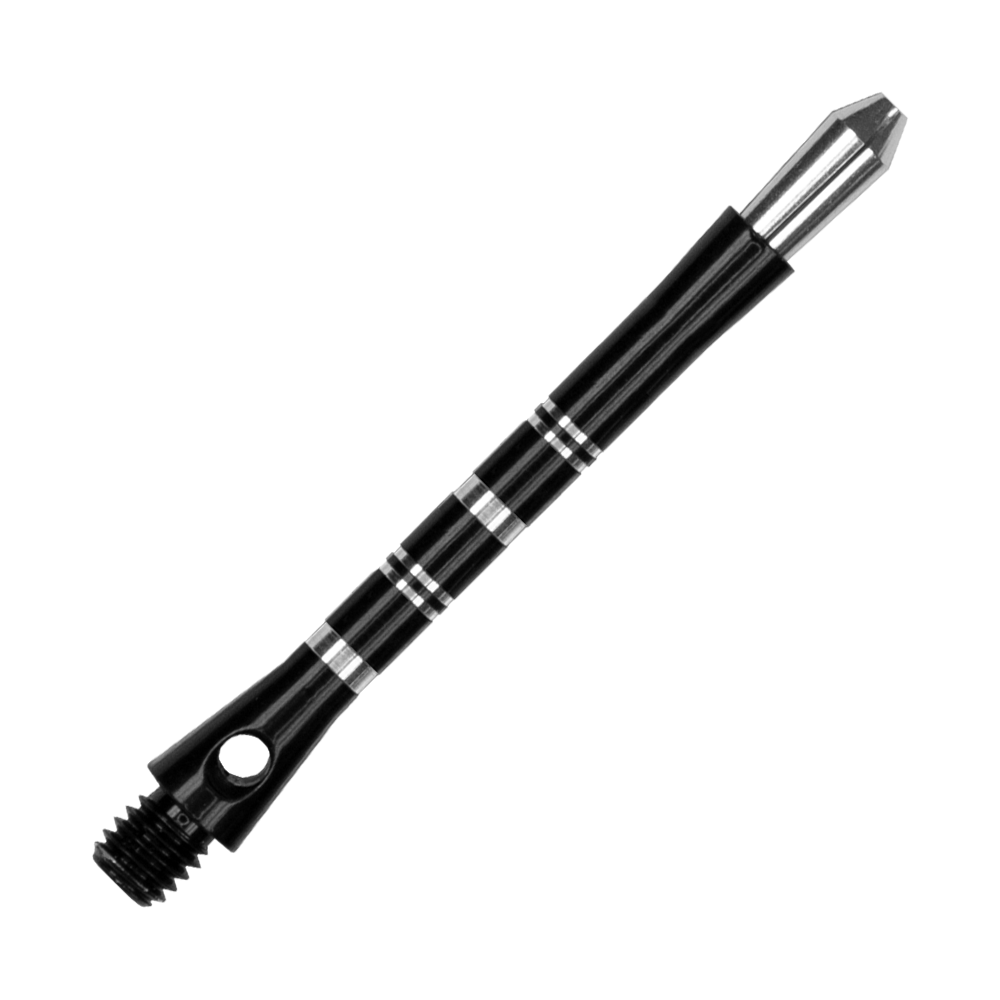 Das Bild zeigt einen schwarzen Harrows Colette Shaft für Darts. Der Shaft hat silberne Ringe als Akzente und ein glänzendes, elegantes Design.