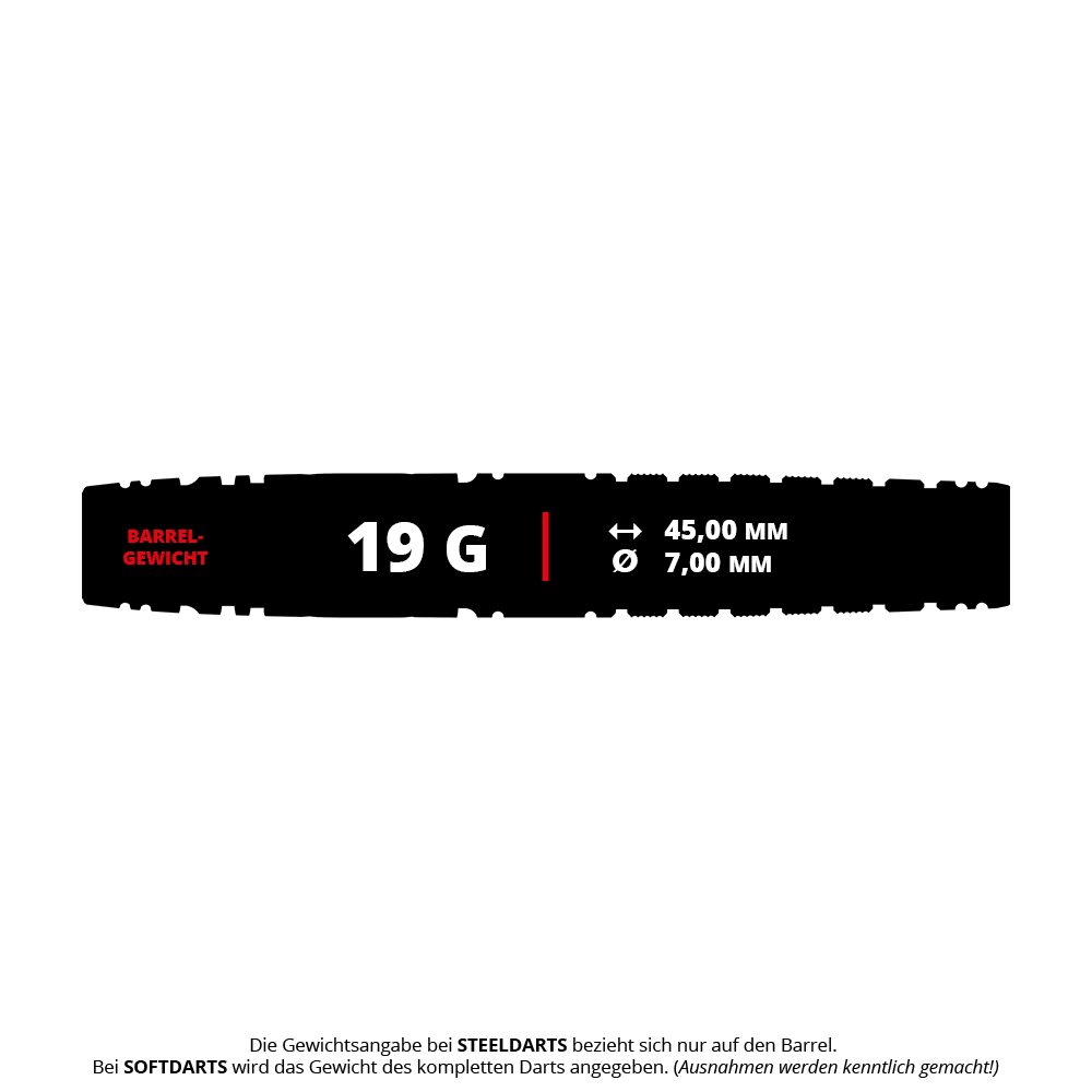 Target Japan Black Marque Chaos 2 Soft Darts - 19g Das Bild zeigt die Produktinformationen für "Target Japan Black Marque Chaos 2 Softdarts - 19g". Der Dart hat ein Barrel-Gewicht von 19 Gramm, ist 45,00 mm lang und hat einen Durchmesser von 7,00 mm.