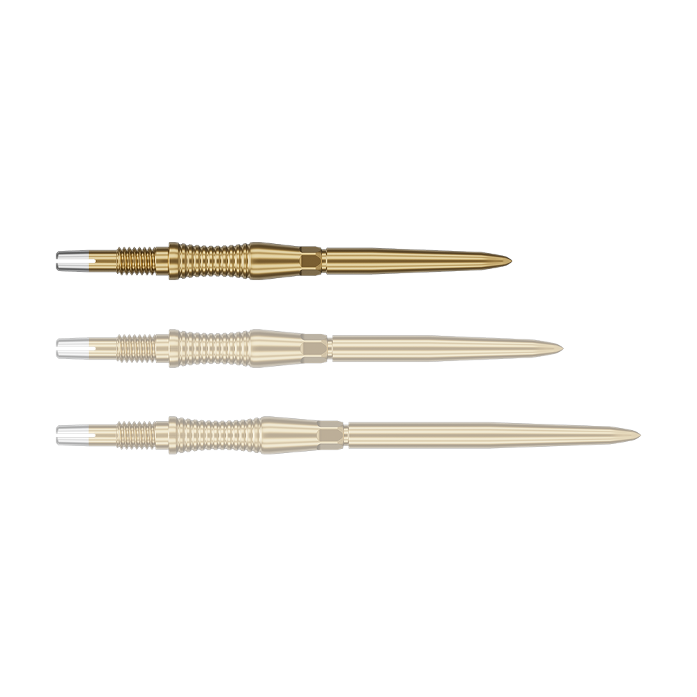 Target Swiss Point Dart Tips Signature RST - Gold Das Bild zeigt eine Darts-Spitze von Target in Gold, vermutlich aus der Swiss Point Signature RST Serie mit 30mm Länge. Die Spitze hat ein detailliertes Design und reflektiert das Licht.