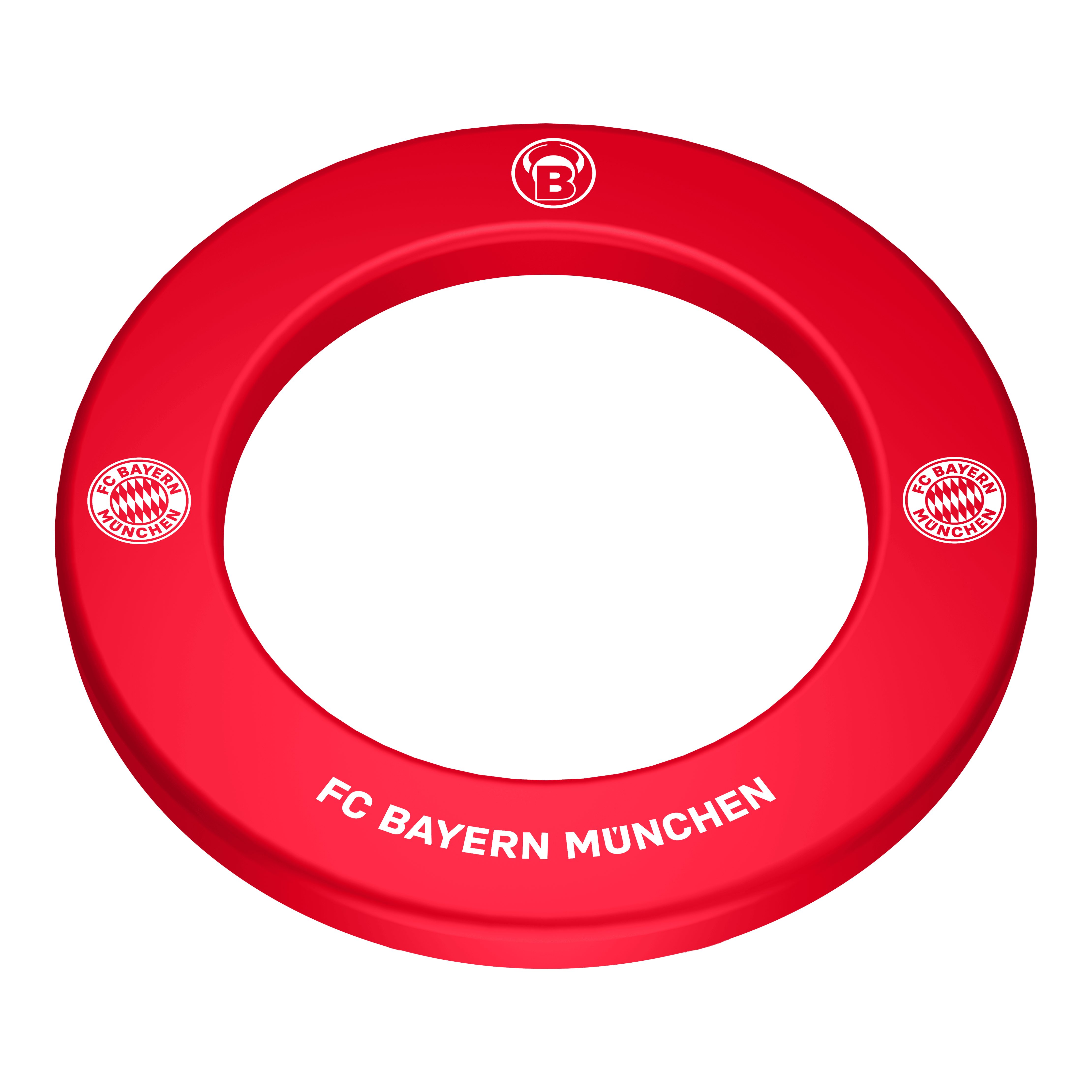 Das Bild zeigt das Bulls FC Bayern München Premium Dartboard Surround. Es handelt sich um eine hochwertige Umrandung für ein Dartboard im Design des FC Bayern München.