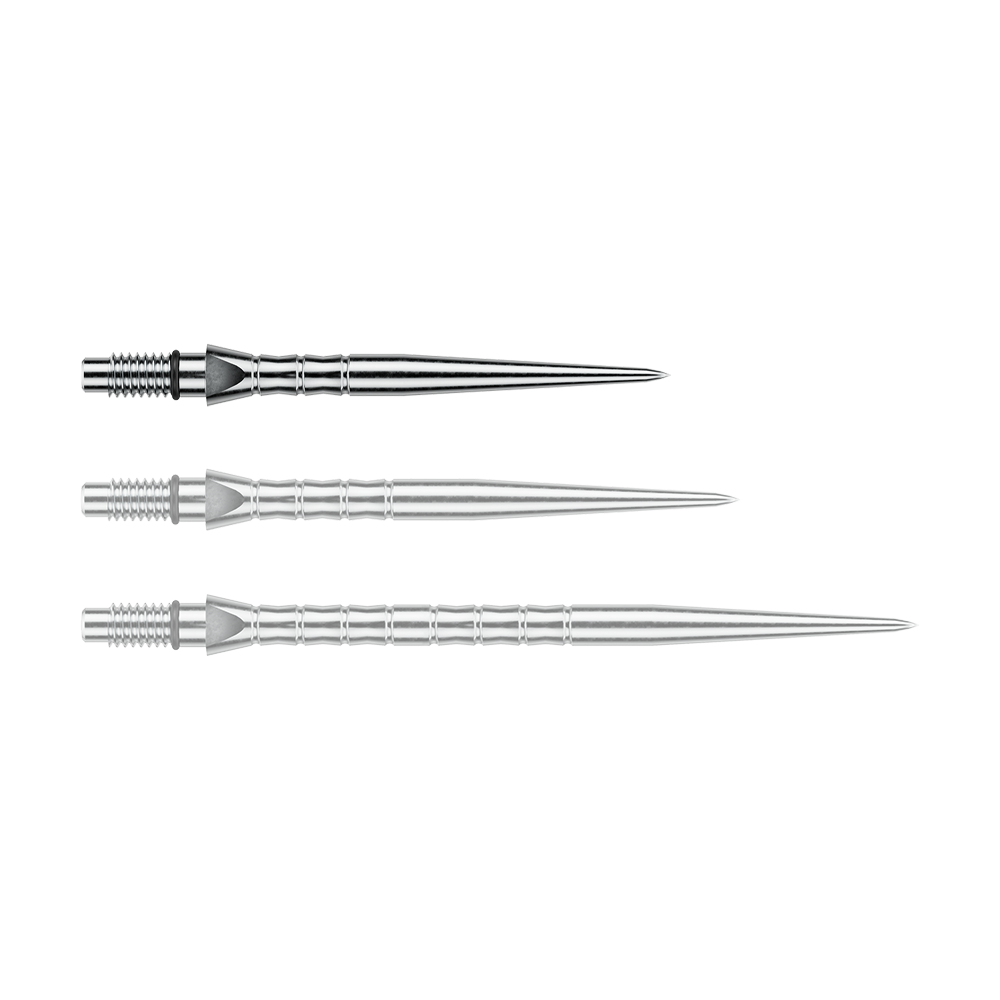 Winmau Switch Point Wave steel dart tips - Silver Effect Das Foto zeigt Winmau Switch Point Wave Silver Effect Steeldartspitzen mit 26 mm. Die silberfarbenen Steeldartspitzen sind in der Nahaufnahme sichtbar.