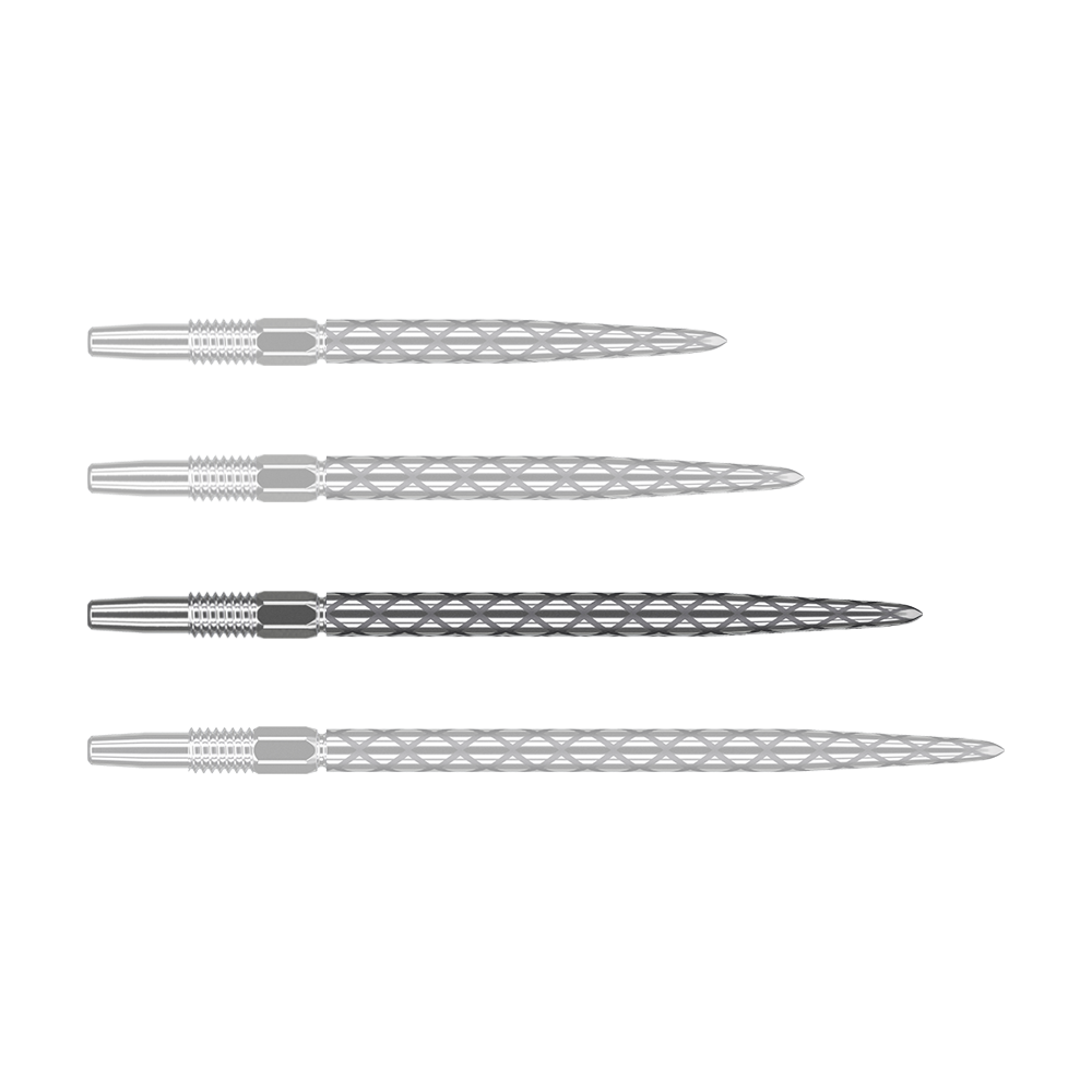 Target Swiss Diamond Pro Silver Points dart tips Das Bild zeigt vier silberne Dartspitzen, die nebeneinander liegen. Jede Spitze hat eine rautenförmige Struktur und ist aus Metall gefertigt.