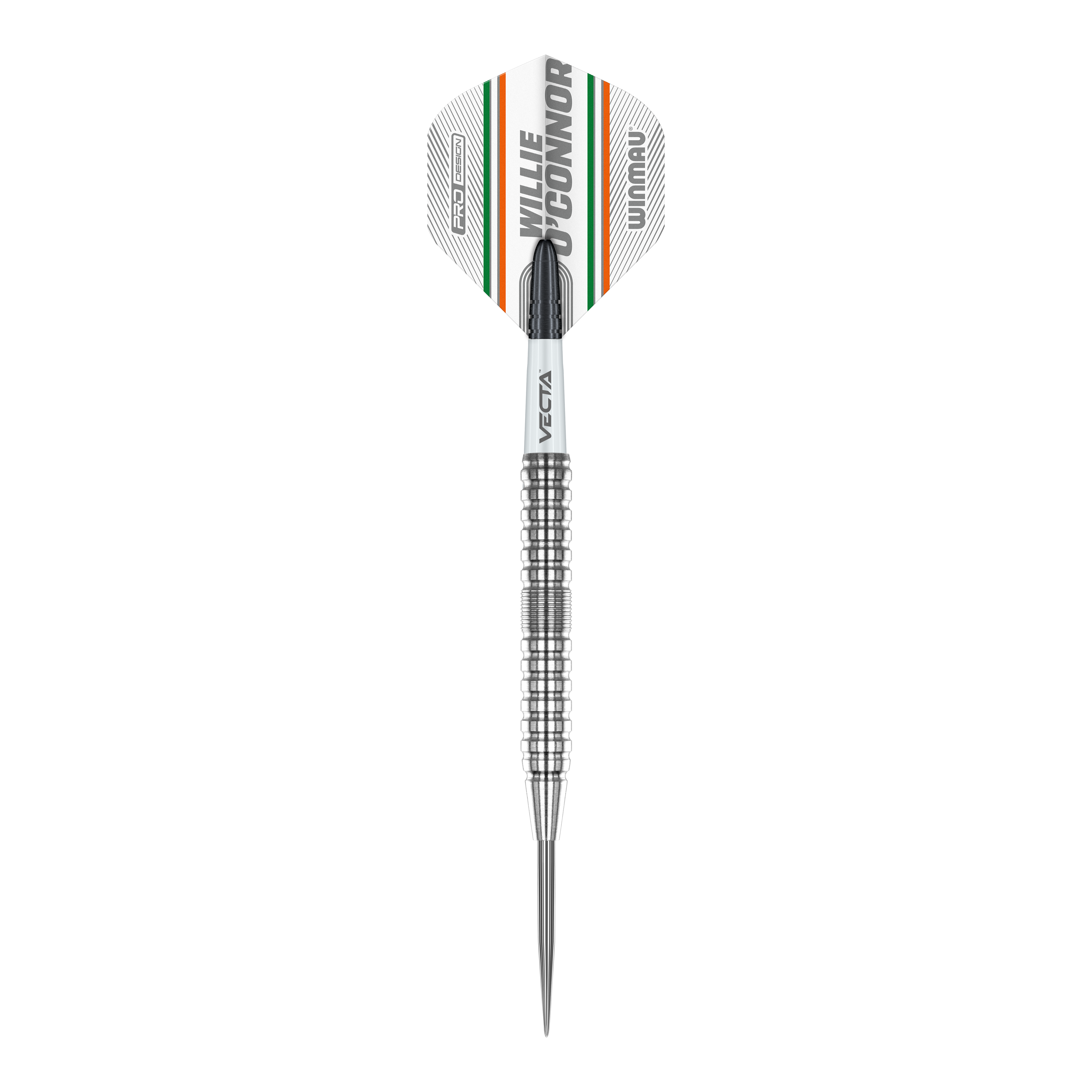 Winmau Willie OConnor Steel Darts - 23g Das Bild zeigt einen Winmau Willie O'Connor Steeldart mit 23g Gewicht. Der Dart hat ein silbernes, geriffeltes Barrel und ein Flight mit orangenen, grünen und schwarzen Streifen.