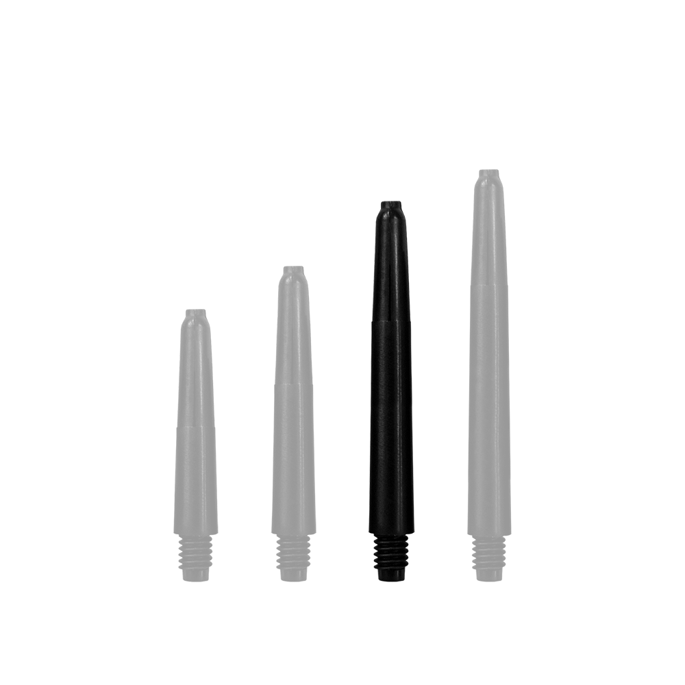 Das Bild zeigt vier schwarze Nylon Shafts in unterschiedlichen Längen. Sie sind nebeneinander angeordnet und haben ein Schraubgewinde am unteren Ende.