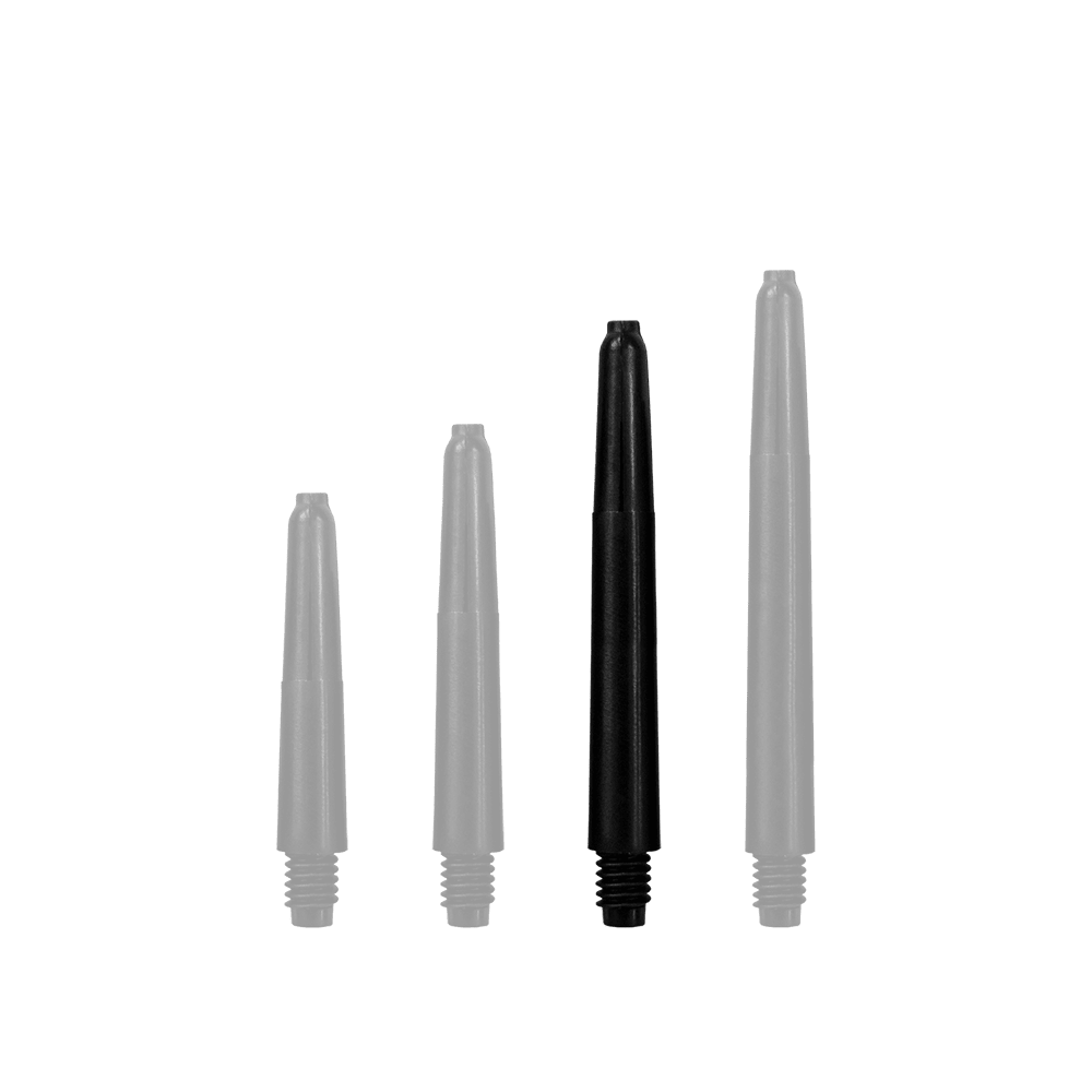 567_Nylon_Shafts_Schwarz_40mm_1Ml4i02i3l4FV7 Das Bild zeigt vier schwarze Nylon Shafts in unterschiedlichen Längen. Sie sind nebeneinander angeordnet und haben ein Schraubgewinde am unteren Ende.