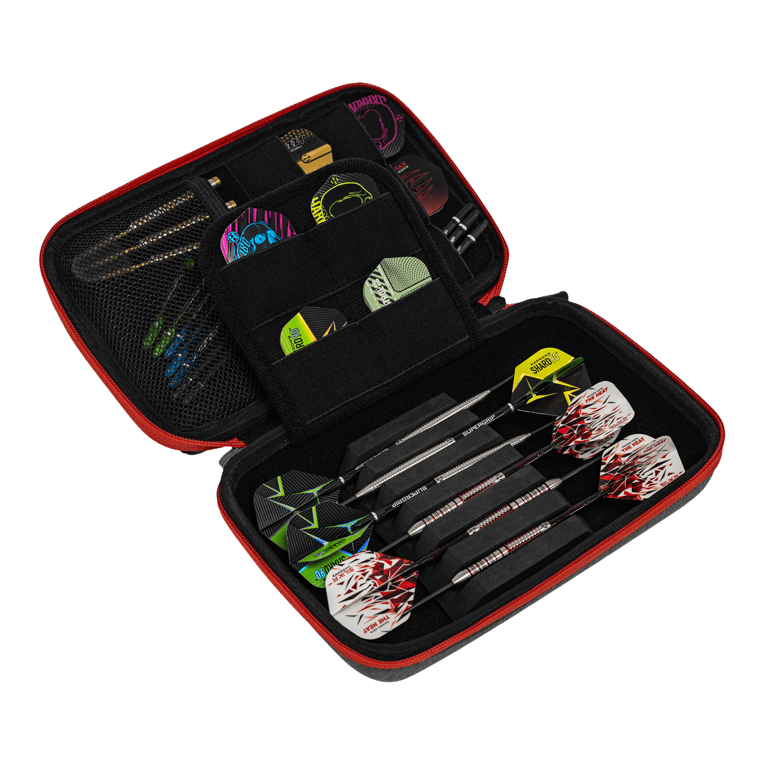 Harrows Smart Case XL dart wallet In diesem Bild ist ein offenes Dart-Etui zu sehen, das mehrere Darts und Zubehörteile enthält. Das Etui ist schwarz mit rotem Rand und bietet verschiedene Fächer für Flights und Ersatzteile.