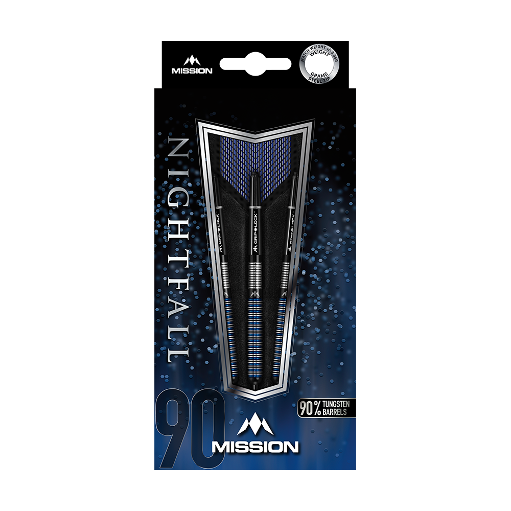 Mission Nightfall Model 1 steel darts Das Bild zeigt die Verpackung der "Mission Nightfall Model 1 Steeldarts". Die Darts bestehen zu 90 % aus Tungsten und sind elegant in einer blau-schwarzen Schachtel präsentiert.