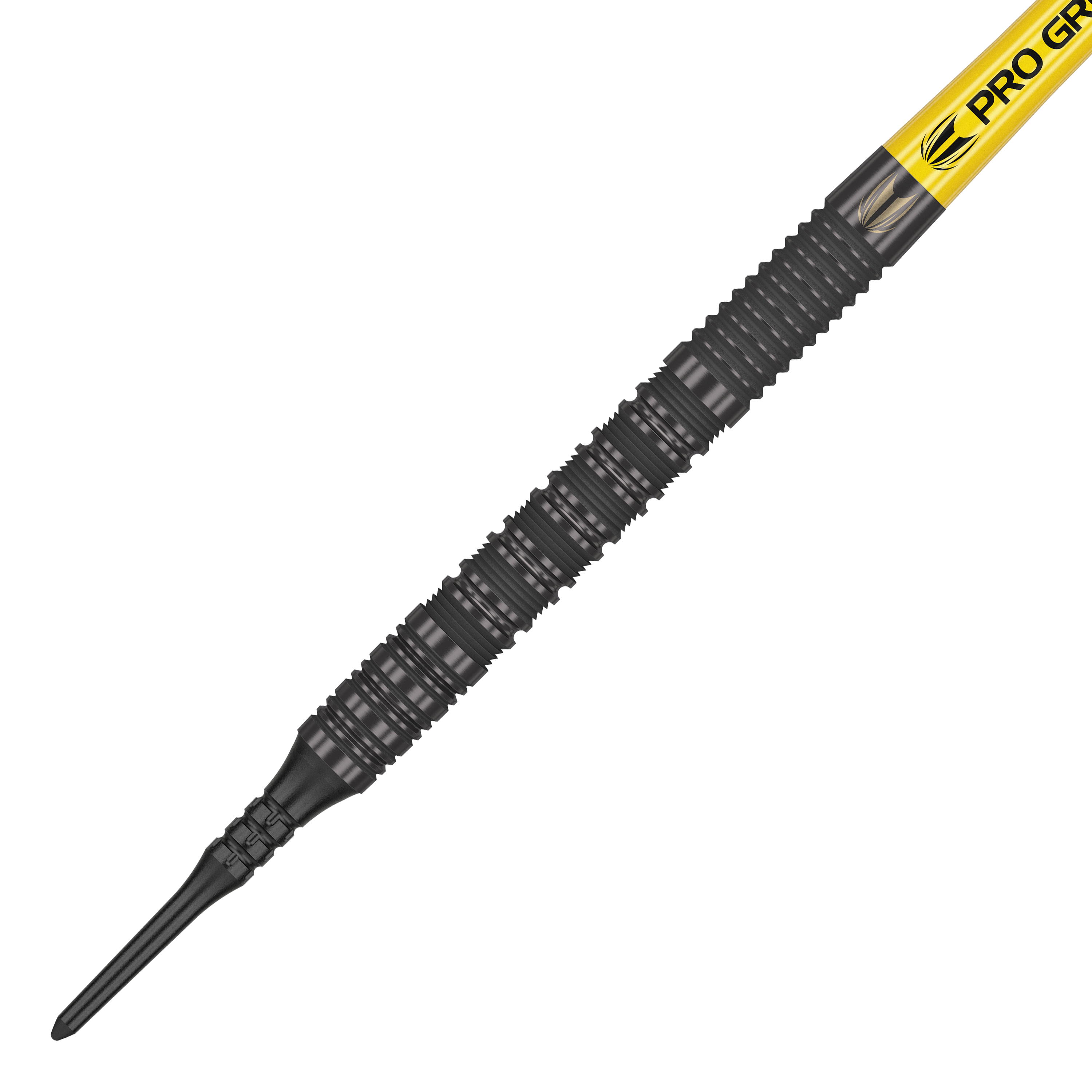 Target Bolide Void 10 soft darts Das Bild zeigt einen Target Bolide Void 10 Softdart mit einer schwarzen, strukturierten Spitze. Am oberen Ende ist ein gelber Schaft mit der Aufschrift "Pro Grip" zu sehen.