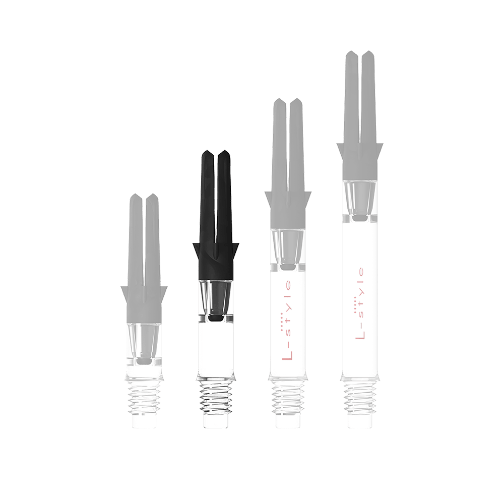 L-L-Style-Shaft Carbon Silent Straight - Clear Abbildung mit dem Namen L-Style L-Shaft Carbon Silent Straight Clear OhneKappen 32mm 1. Es handelt sich wahrscheinlich um einen Schaft für Dartpfeile.