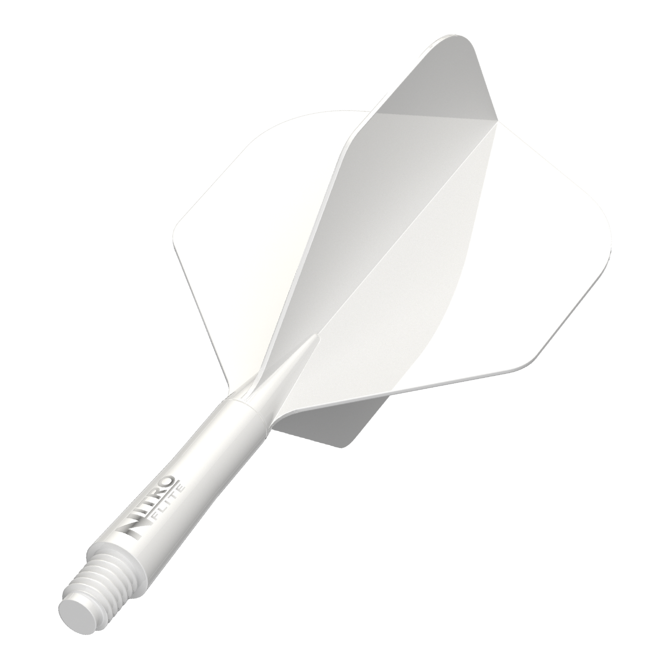 Dieses Bild zeigt einen weißen Dart-Schaft mit weißen Flights der Größe Short, basierend auf dem Dateinamen. Das Produkt ist ca. 19,5 mm lang.