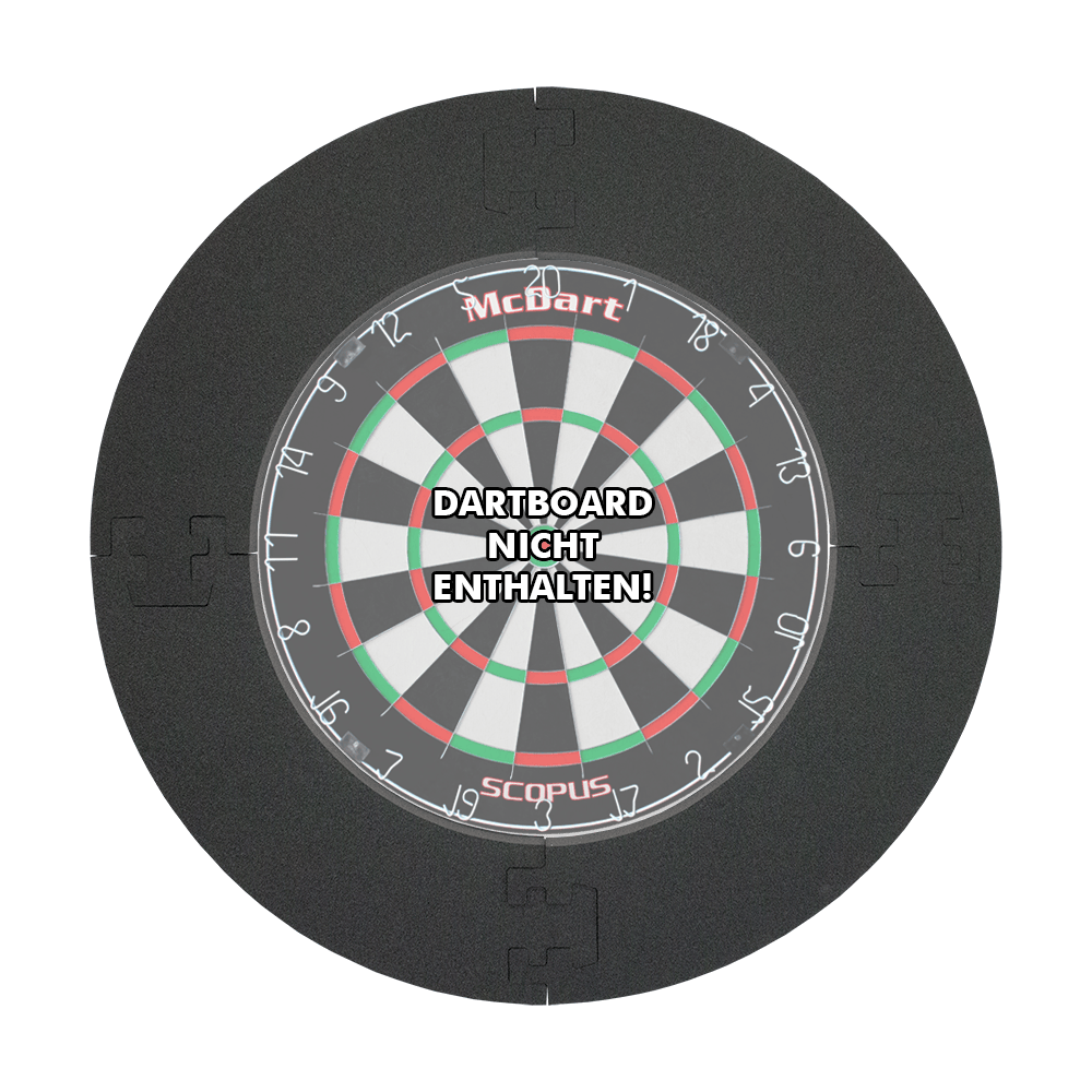 DBS2020_McDart_Catchring_Premium_Made_in_Germany_Edition_2020_19sxhSOq7v6YMR Das Bild zeigt den McDart Catchring Premium - Made in Germany Edition, der um ein Dartboard gelegt wird. In der Mitte steht der Hinweis "Dartboard nicht enthalten!"