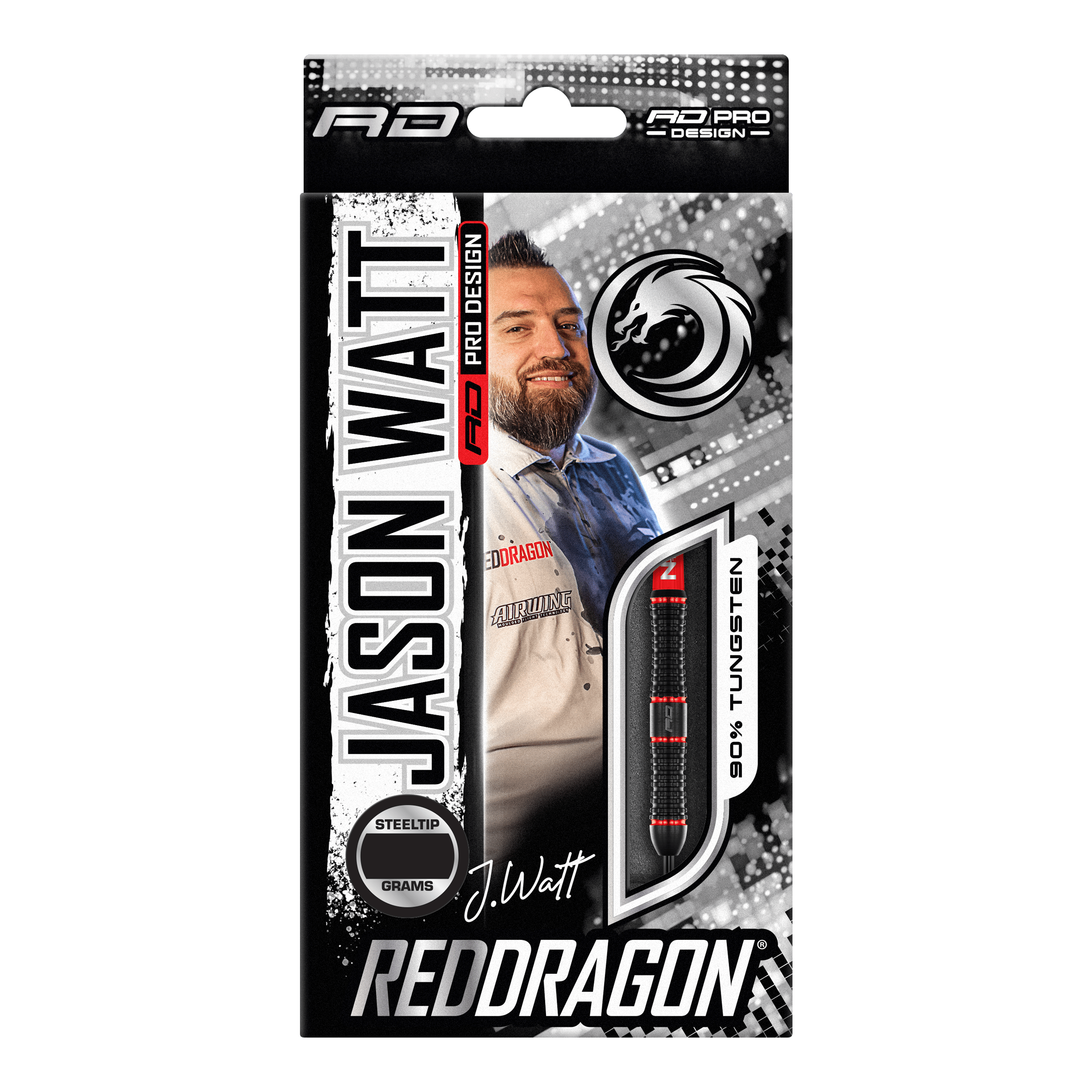 Red Dragon Jason Watt Steel Darts - 22g Die Abbildung zeigt die Verpackung der "Red Dragon Jason Watt Steeldarts - 22g". Auf der Vorderseite sind ein Bild von Jason Watt, der Dartpfeil und das Red Dragon-Logo zu sehen.