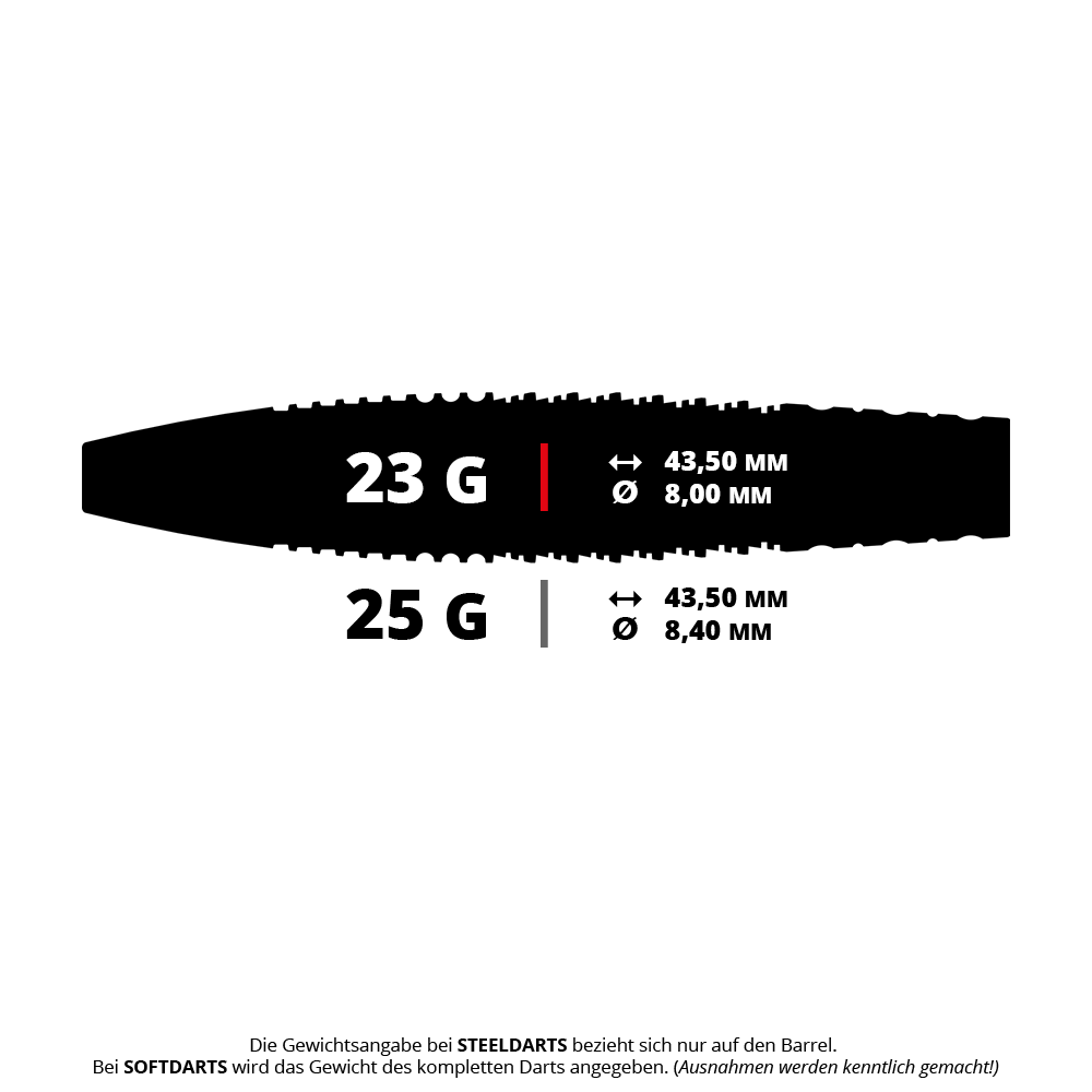 Target Scott Williams GEN2 Swiss Point steel darts Das Bild zeigt die Spezifikationen zweier Steeldart-Varianten mit 23 Gramm und 25 Gramm. Die Maße sind jeweils 43,50 mm Länge und 8,00 mm bzw. 8,40 mm Durchmesser.