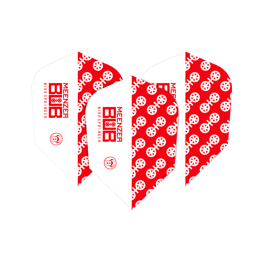 Das Bild zeigt drei Dart-Flights des Modells "Bulls X-Powerflite Niko Springer XXL B-Standard Flights". Die Flights sind rot-weiß gestaltet und mit einem auffälligen Muster sowie dem Schriftzug "MEENZER NIKO SPRINGER" bedruckt.