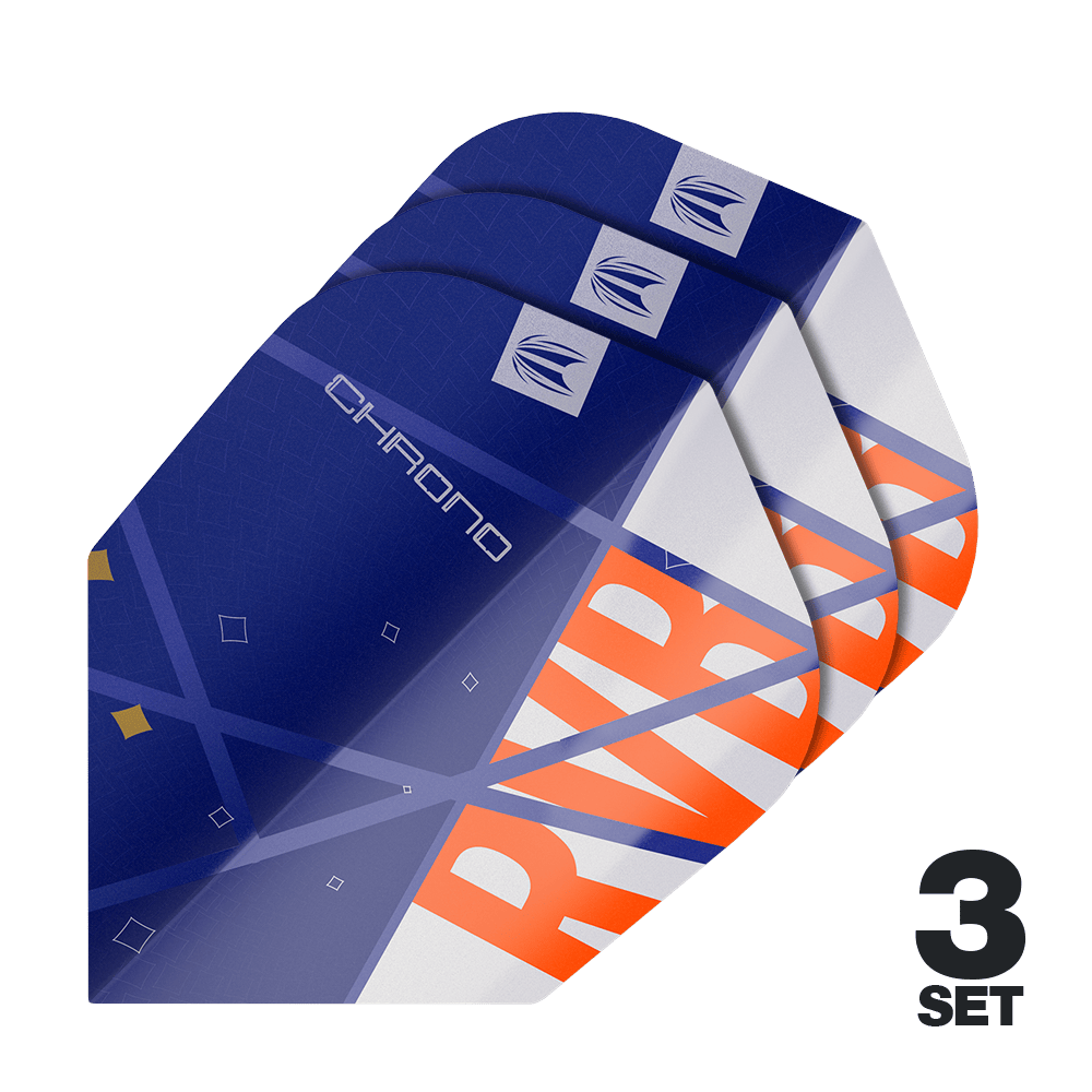 Target Pro Ultra Raymond Van Barneveld Chrono No6 Flights - 3 Sets Das Bild zeigt drei Sets der Target Pro Ultra Raymond Van Barneveld Chrono No6 Flights. Die Flights sind hauptsächlich blau mit weißen und orangefarbenen Akzenten gestaltet.