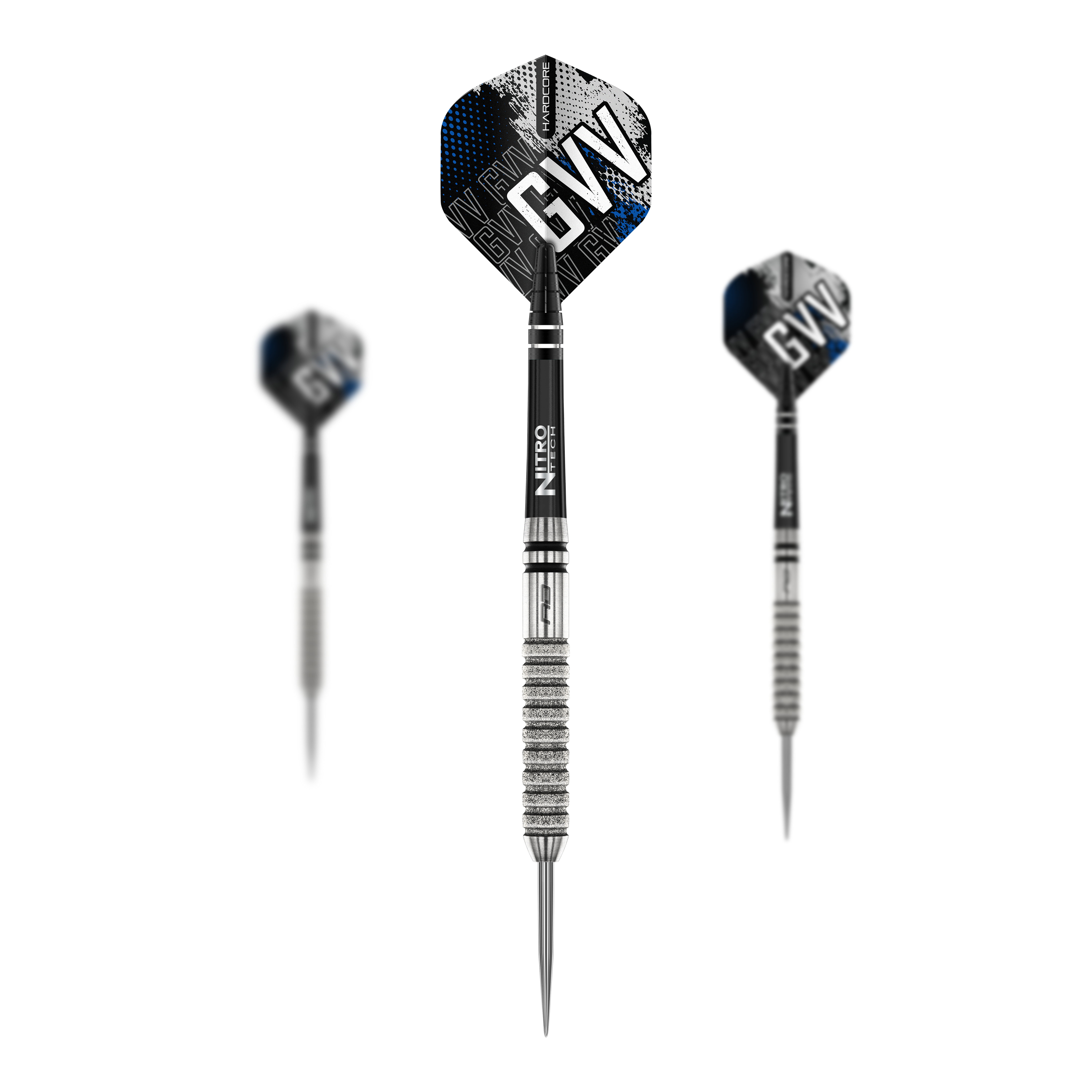 Red Dragon Gian Van Veen Tour Edition Steeldarts - 22g Das Bild zeigt drei Steeldarts des Modells "Red Dragon Gian Van Veen Tour Edition - 22g". Die Darts haben silberne Spitzen und Griffe mit schwarz-blauen Flights, auf denen "GVV" steht.