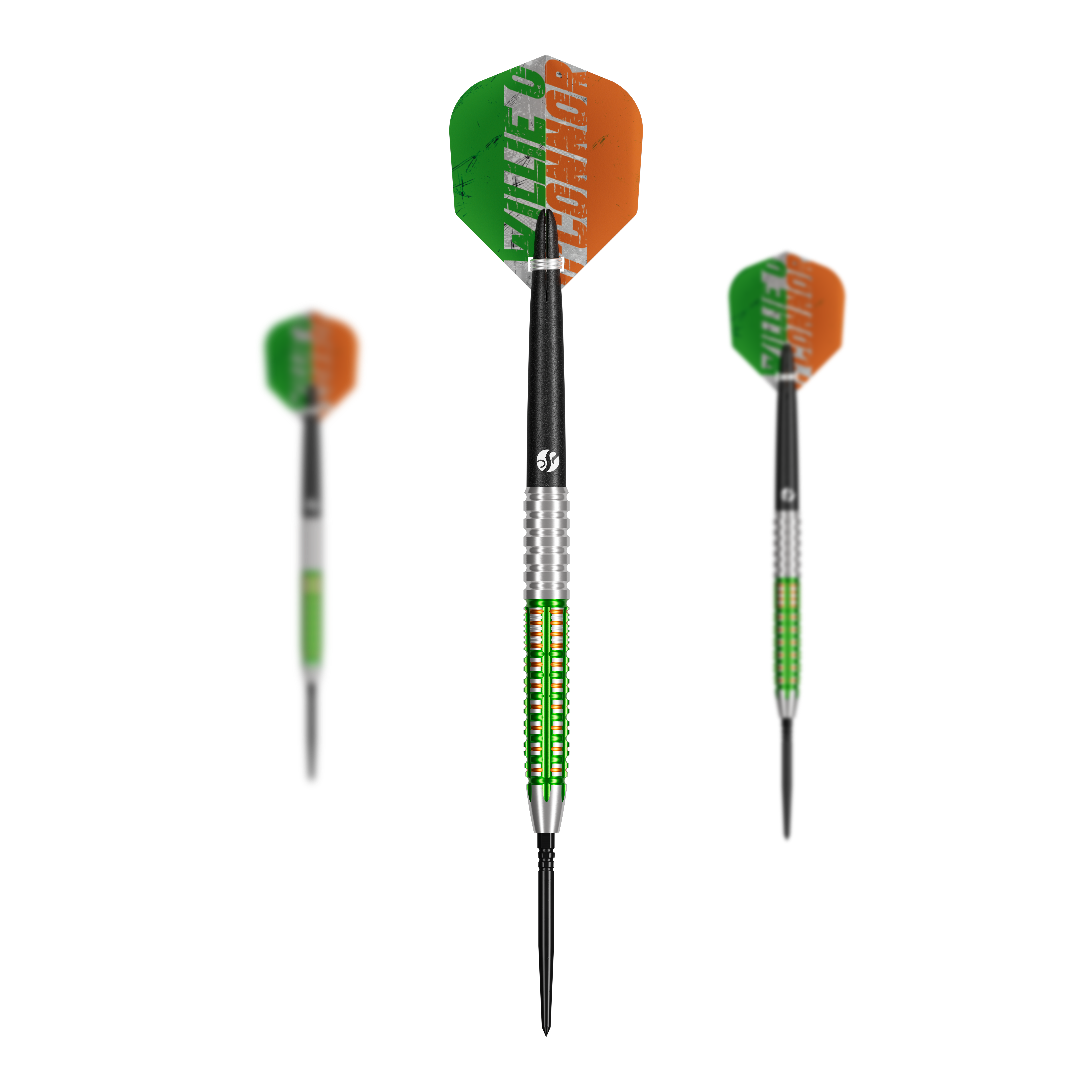 Shot Pro Series Willie O'Connor Turbo Point Steeldarts. Das Bild zeigt ein Set Steeldarts mit eingeprägtem Playernamen.