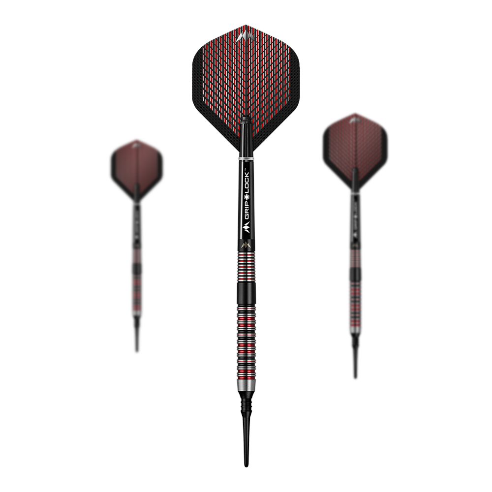Mission Red Dawn Model 1 Soft Darts - 19g Auf dem Bild sind drei Softdarts des Modells "Mission Red Dawn Model 1" mit einem Gewicht von 19 Gramm zu sehen. Die Darts haben rote und schwarze Akzente sowie eine auffällige Flight-Gestaltung.