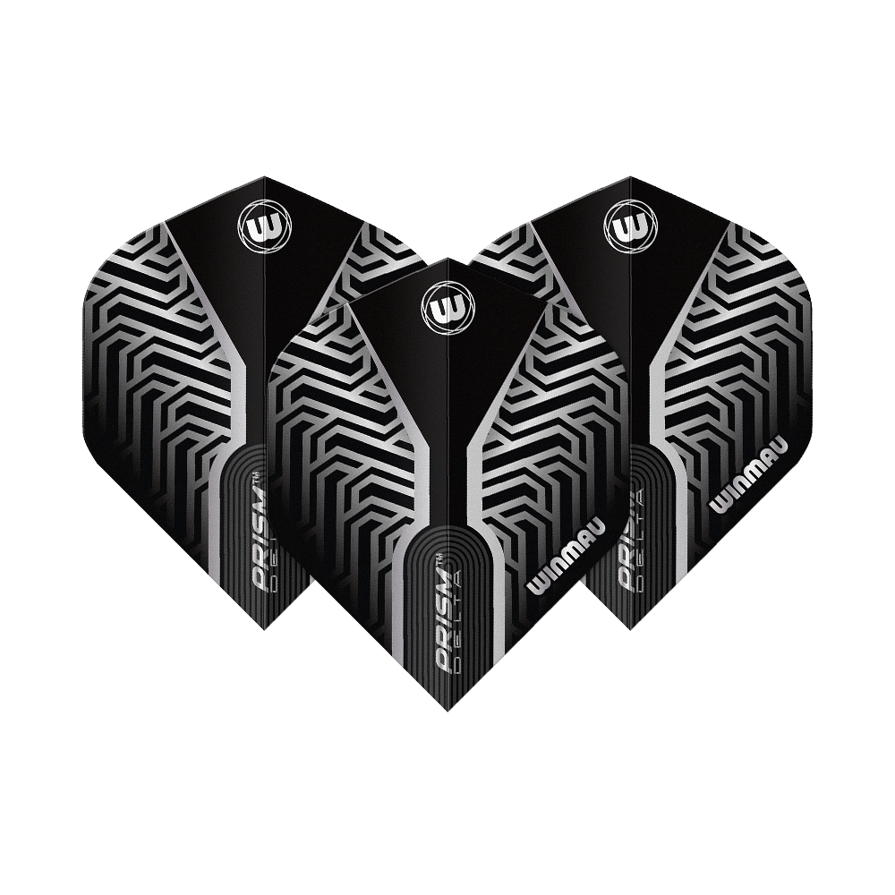 Winmau Prism Delta Silver No2 Standard Flights Dieses Bild zeigt Winmau Prism Delta Silver No2 Standard Flights. Silberne und schwarze Dart-Flights sind dargestellt.