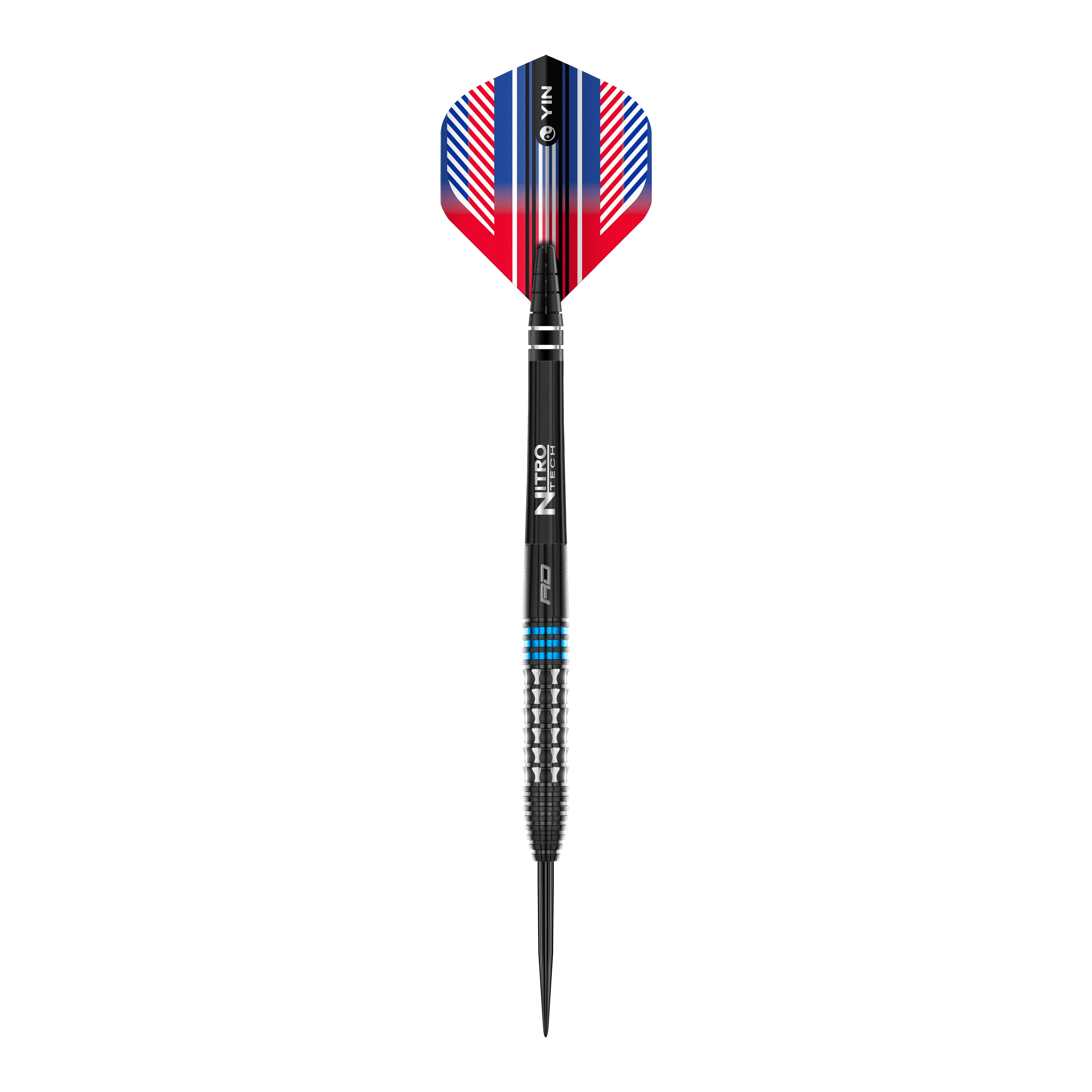 Red Dragon Vengeance Blue Steel Darts Das Bild zeigt einen Red Dragon Vengeance Blue Steeldart. Der Dart hat blaue und silberne Akzente sowie einen farbigen Flight in Rot, Blau und Weiß.
