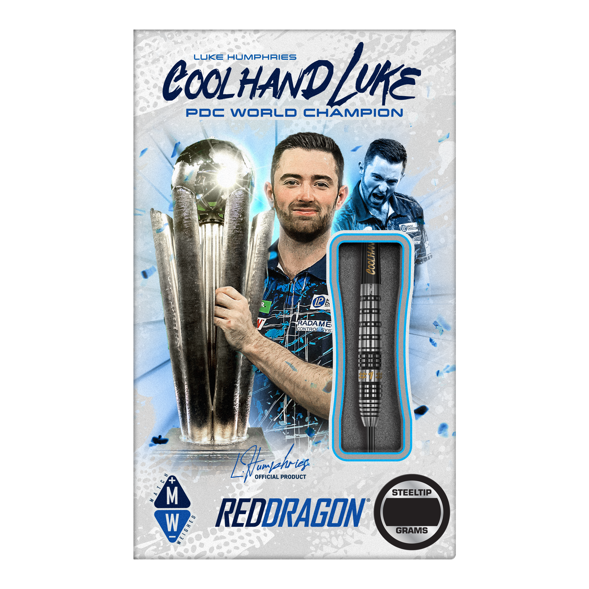 Red Dragon Luke Humphries Prestige Steel Darts Das Bild zeigt das Produkt "Red Dragon Luke Humphries Prestige Steeldarts". Auf der Verpackung ist Luke Humphries mit einem Pokal und einem Steeldart abgebildet.
