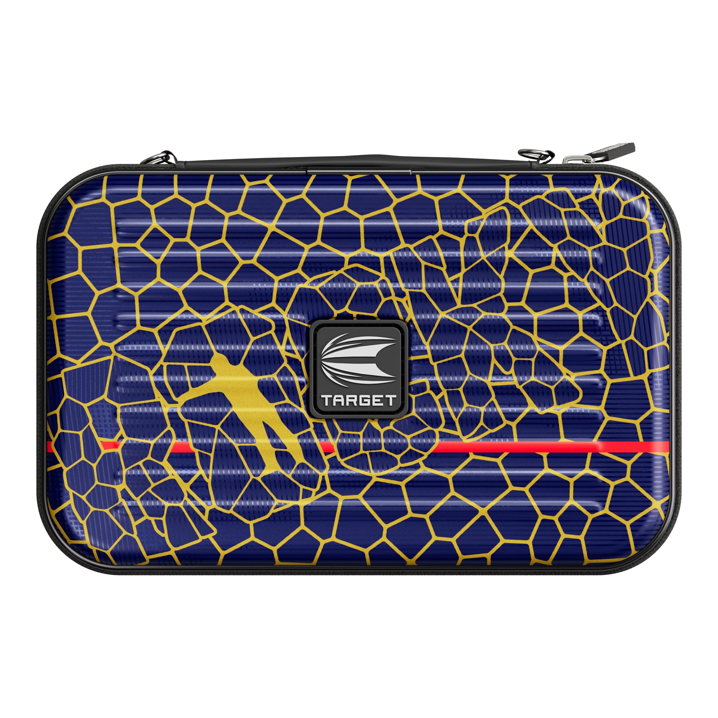 Target Takoma Josh Rock XL dart case Das Bild zeigt ein Dartcase mit dem Namen "Target Takoma Josh Rock XL Dartcase". Das Etui ist dunkelblau mit einem gelben Wabenmuster und hat in der Mitte ein Target-Logo.