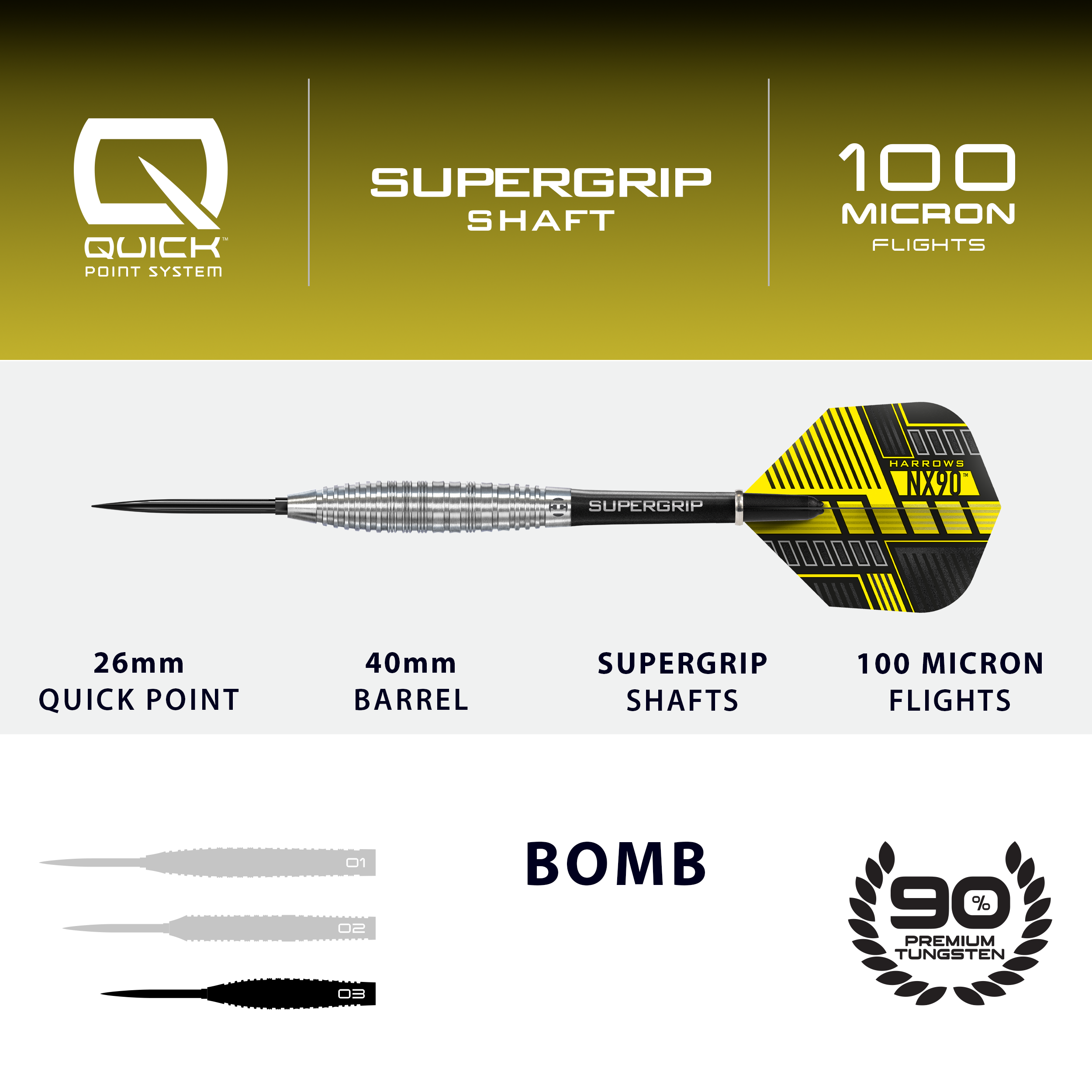 Hier ist das Produkt Harrows NX90 Bomb Quick Point Steeldarts abgebildet. Die Darts werden für professionelle Spiele verwendet.