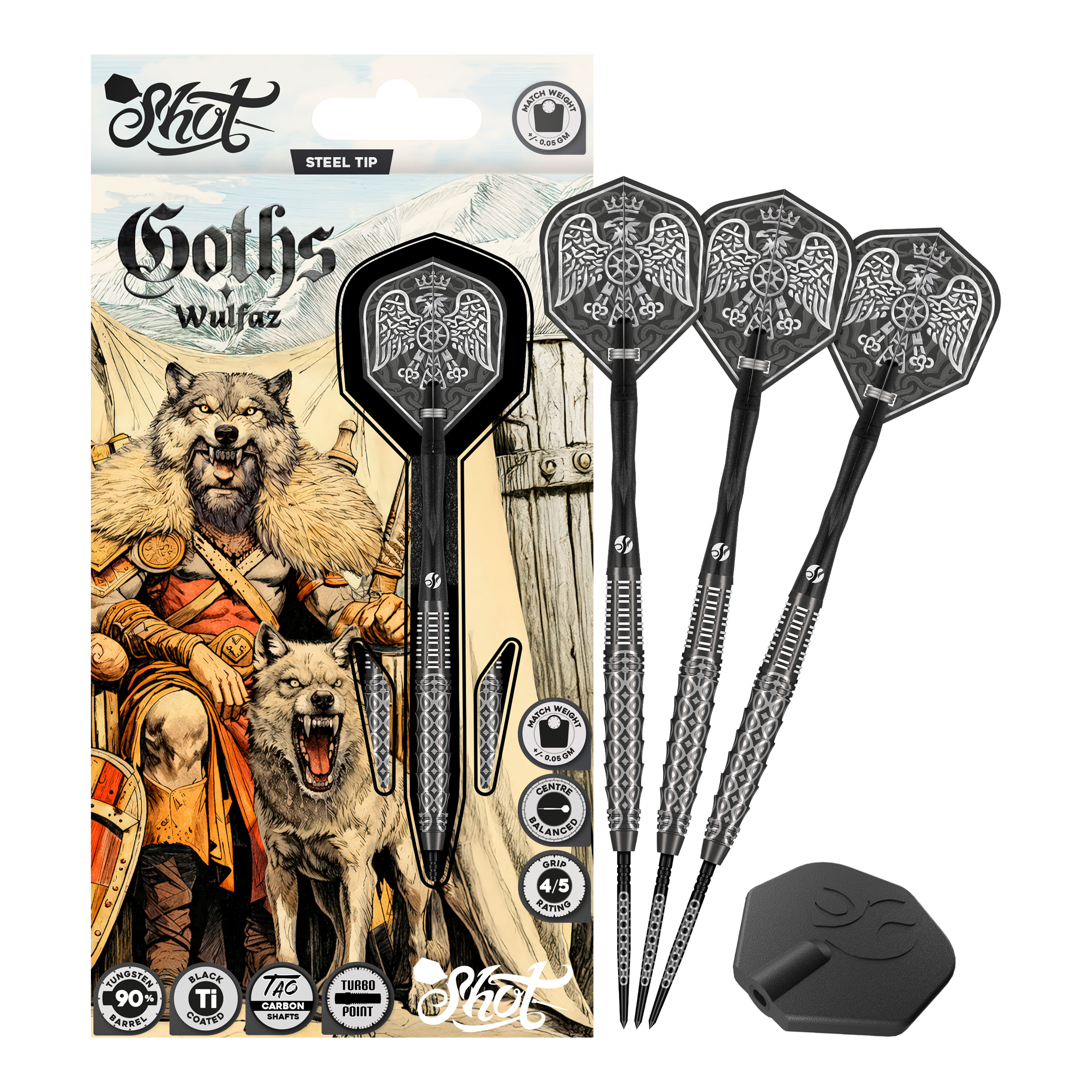 Shot Goths Wulfaz Turbo Point Steel Darts - 23g Auf diesem Bild sieht man die Shot Goths Wulfaz Turbo Point Steeldarts - 23g in voller Ansicht. Das Design ist auffällig und für Dart-Fans interessant.
