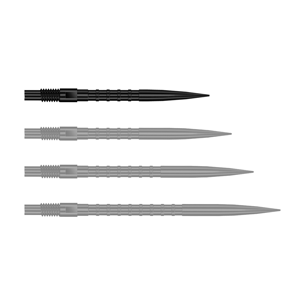 Das Bild stellt QP33164 Harrows Quick Point HeavyMetalGrip Dartspitzen Schwarz 26mm dar. Diese Dartspitzen sind schwarz und besitzen einen starken Metallgriff.