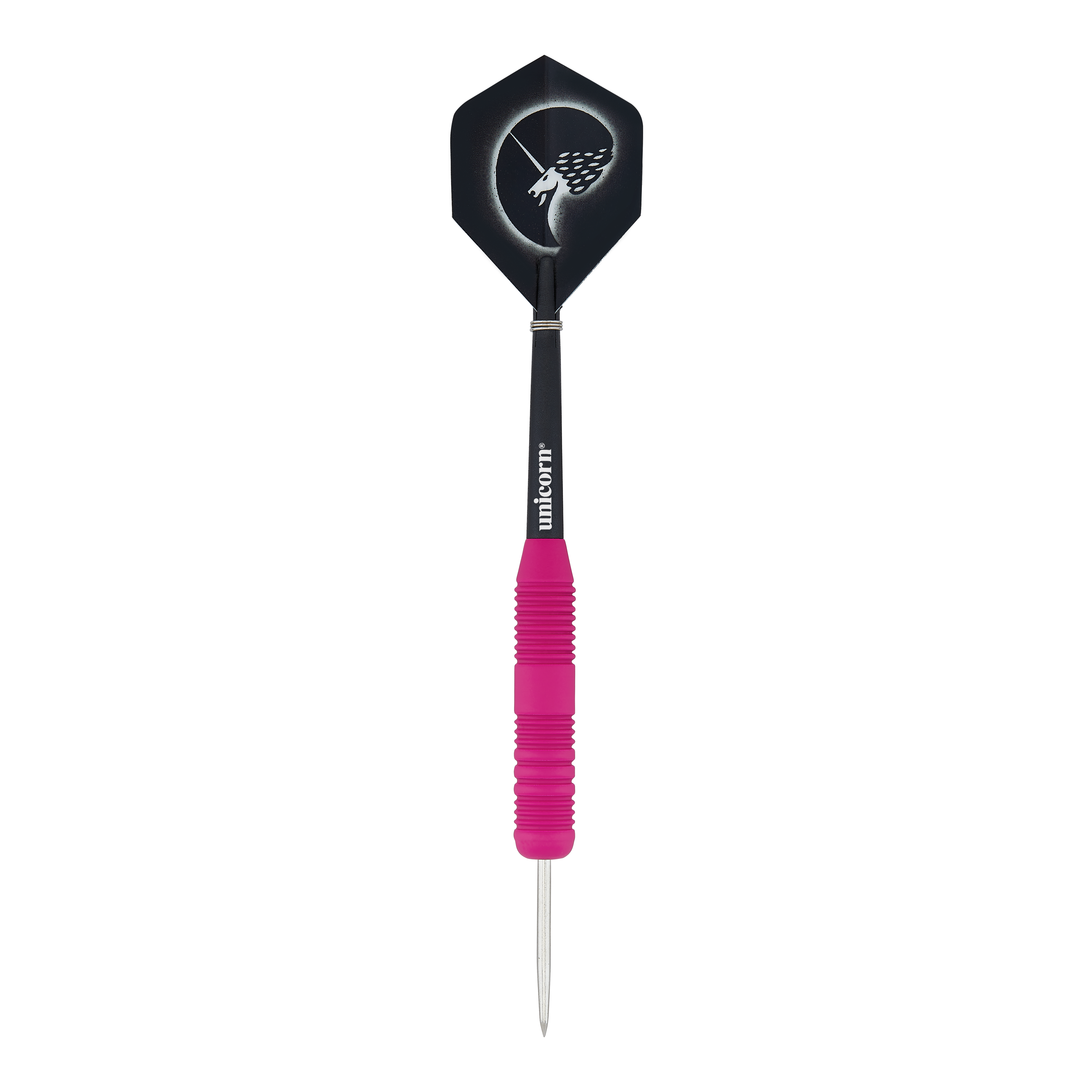 Unicorn Core Plus Rubberized Pink Steel Darts Dies ist ein Steeldart mit einer pinken, gummierten Griffzone. Das Flight zeigt ein Einhorn-Design auf schwarzem Hintergrund.