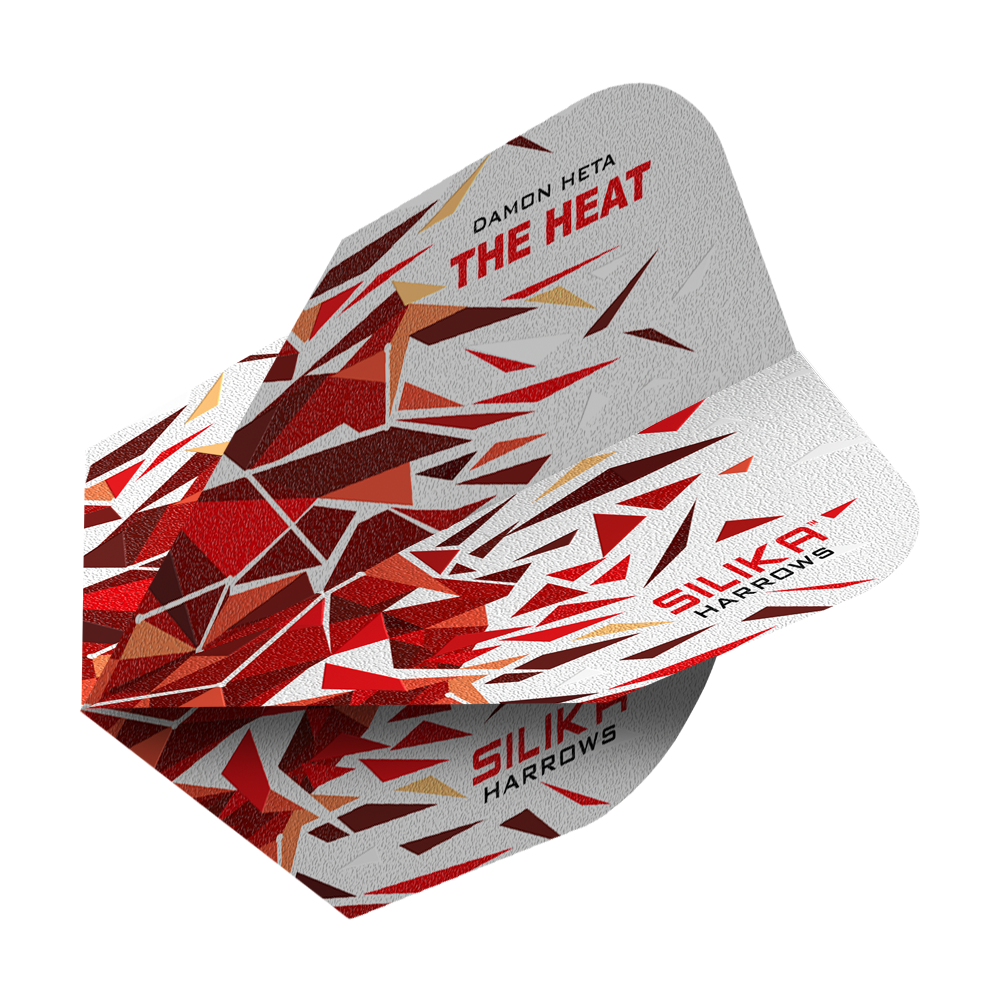 Harrows Silika Damon Heta 2 Solid Tough Crystalline Coating No6 Flights Dies ist ein Harrows Silika Damon Heta 2 Solid Tough Crystalline Coating No6 Flight. Das Flight-Design zeigt ein auffälliges Muster in Rot-, Weiß- und Goldtönen mit den Aufschriften "THE HEAT" und "SILIKA".
