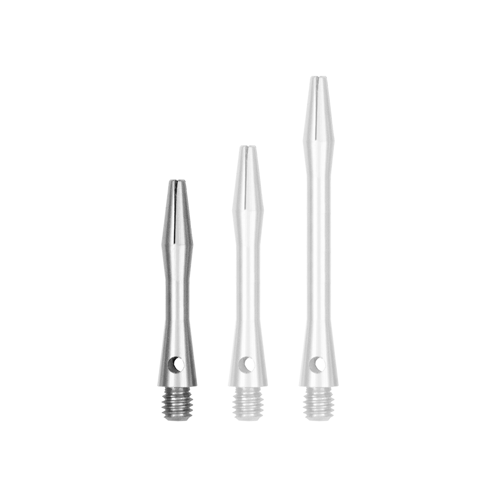 516_Aluminium_Shafts_Silber_30mm_1 Das Bild zeigt drei silberne Aluminiumschäfte in unterschiedlichen Längen. Sie sind glatt, haben ein Gewinde am unteren Ende und eine kleine Bohrung in der Mitte.