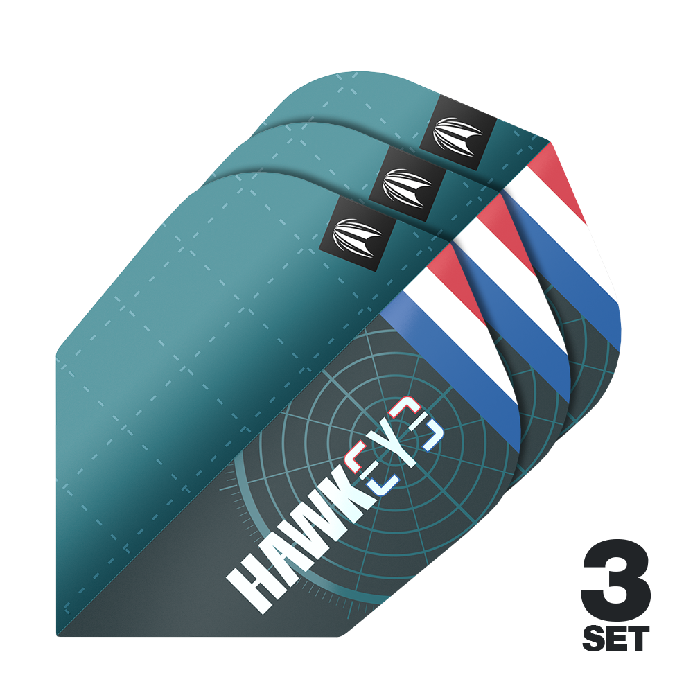 Target Pro Ultra Kevin Doets GEN1 No6 Flights - 3 Sets Das Bild zeigt drei Sätze von Target Pro Ultra Kevin Doets GEN1 No6 Flights. Die Flights sind überwiegend blau mit einem weißen und roten Streifen und dem Schriftzug "HAWK" darauf.