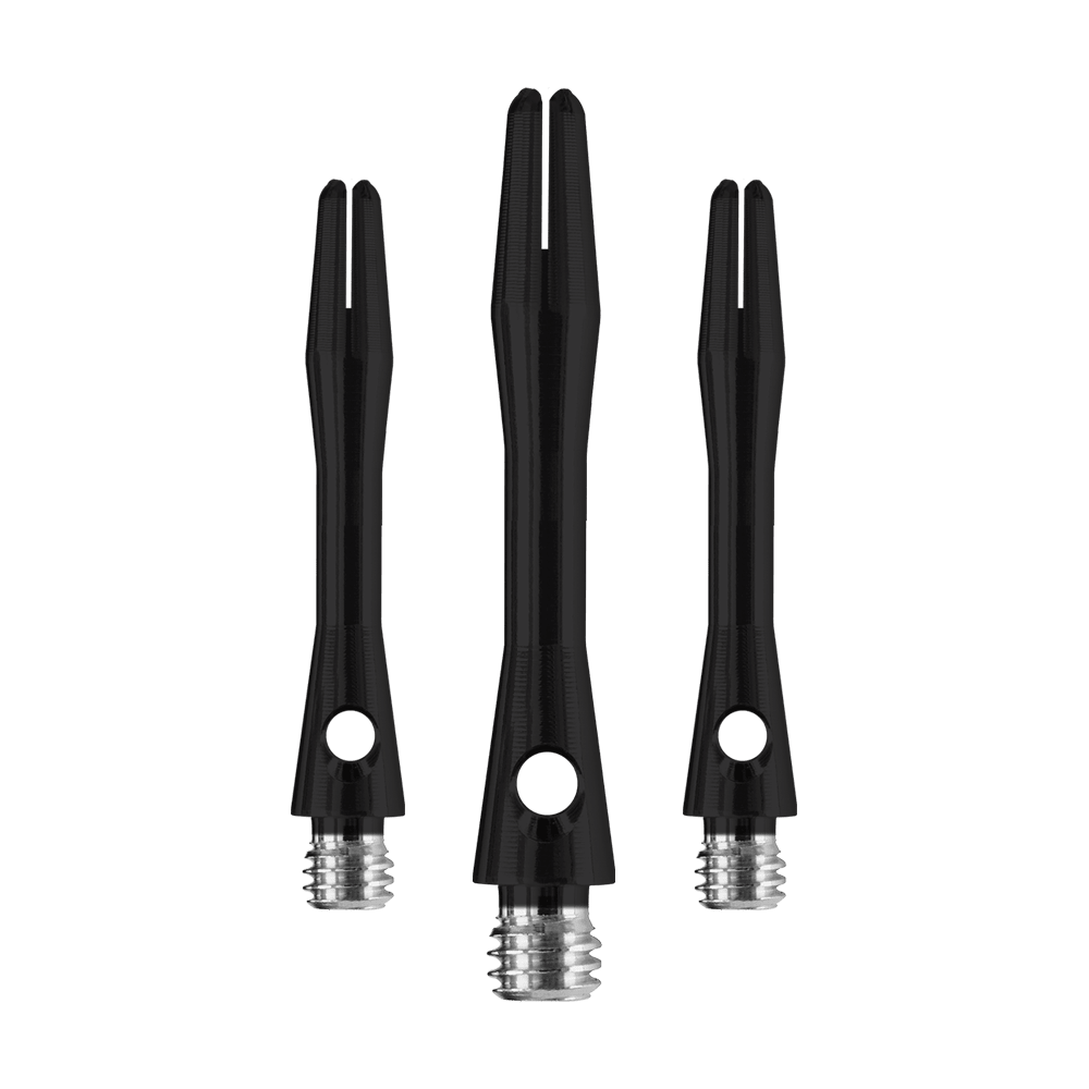 Das Bild zeigt drei Harrows Keramic Shafts in Matt Schwarz. Die Shafts haben eine glatte Oberfläche und ein silbernes Schraubgewinde.