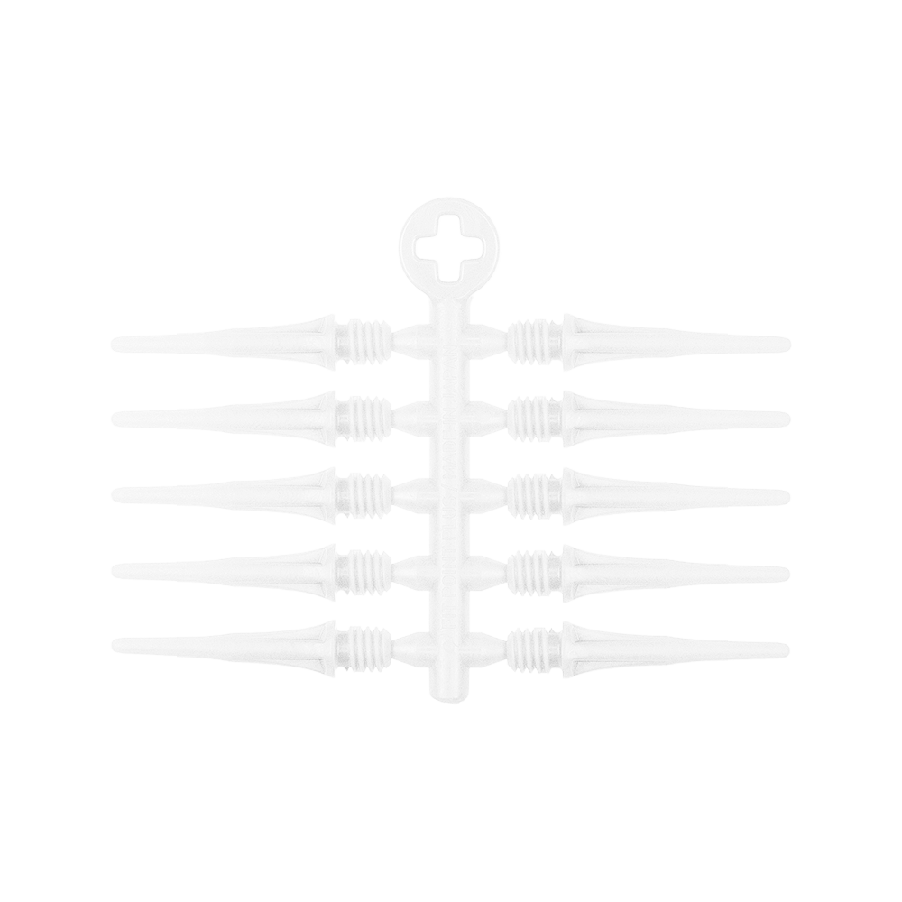Cosmo Fit Point Plus 2BA Spitzen 19mm (50er Pack) Auf dem Bild sind acht weiße Ersatzspitzen für Dartpfeile zu sehen, die an einem Halter befestigt sind. Oben am Halter befindet sich ein rundes Element mit einem Kreuz in der Mitte.