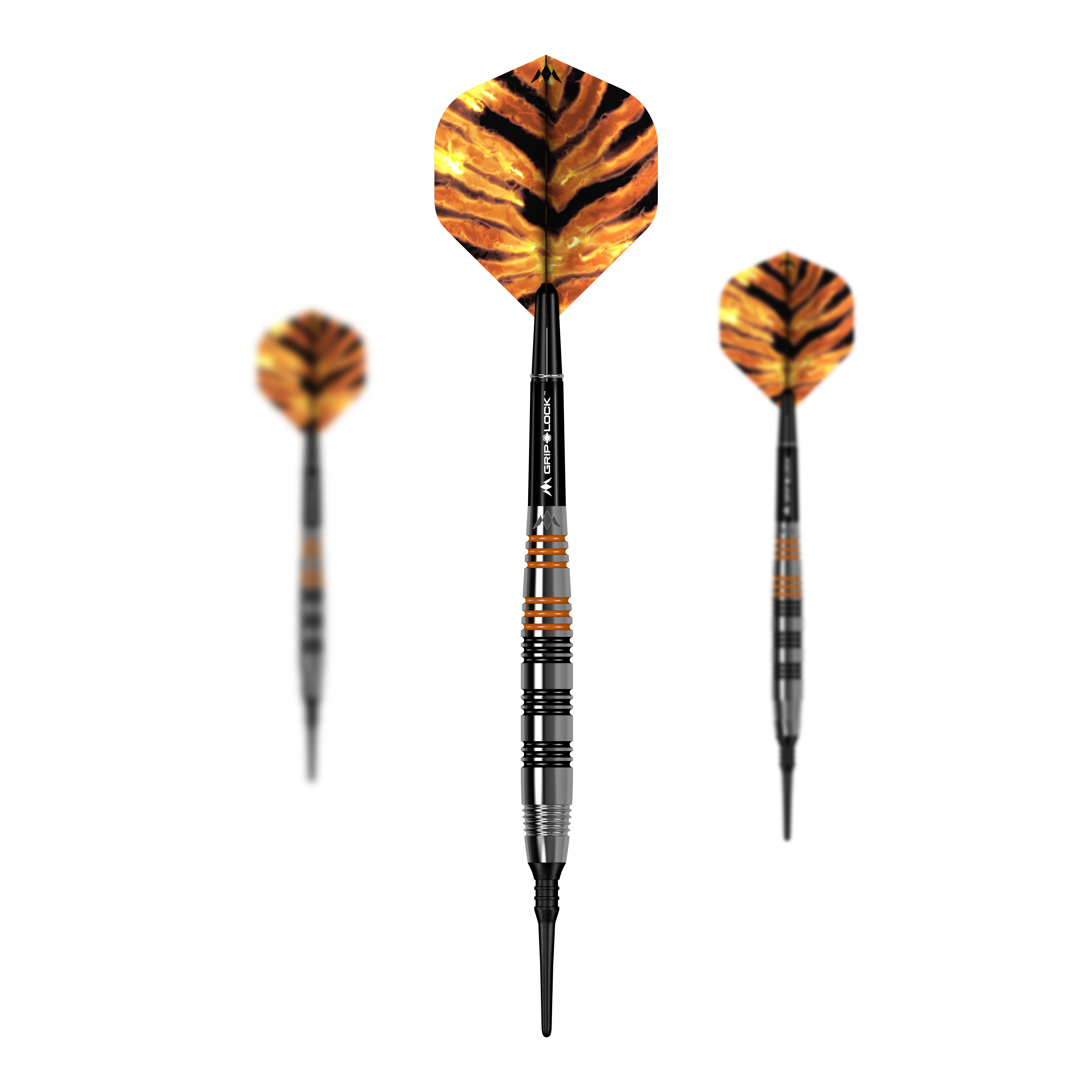 Mission Javan Brass Soft Darts - 18g Das Bild zeigt drei Softdarts des Modells "Mission Javan Brass Softdarts - 18g". Die Flights haben ein auffälliges Tigerstreifen-Design in Orange und Schwarz.