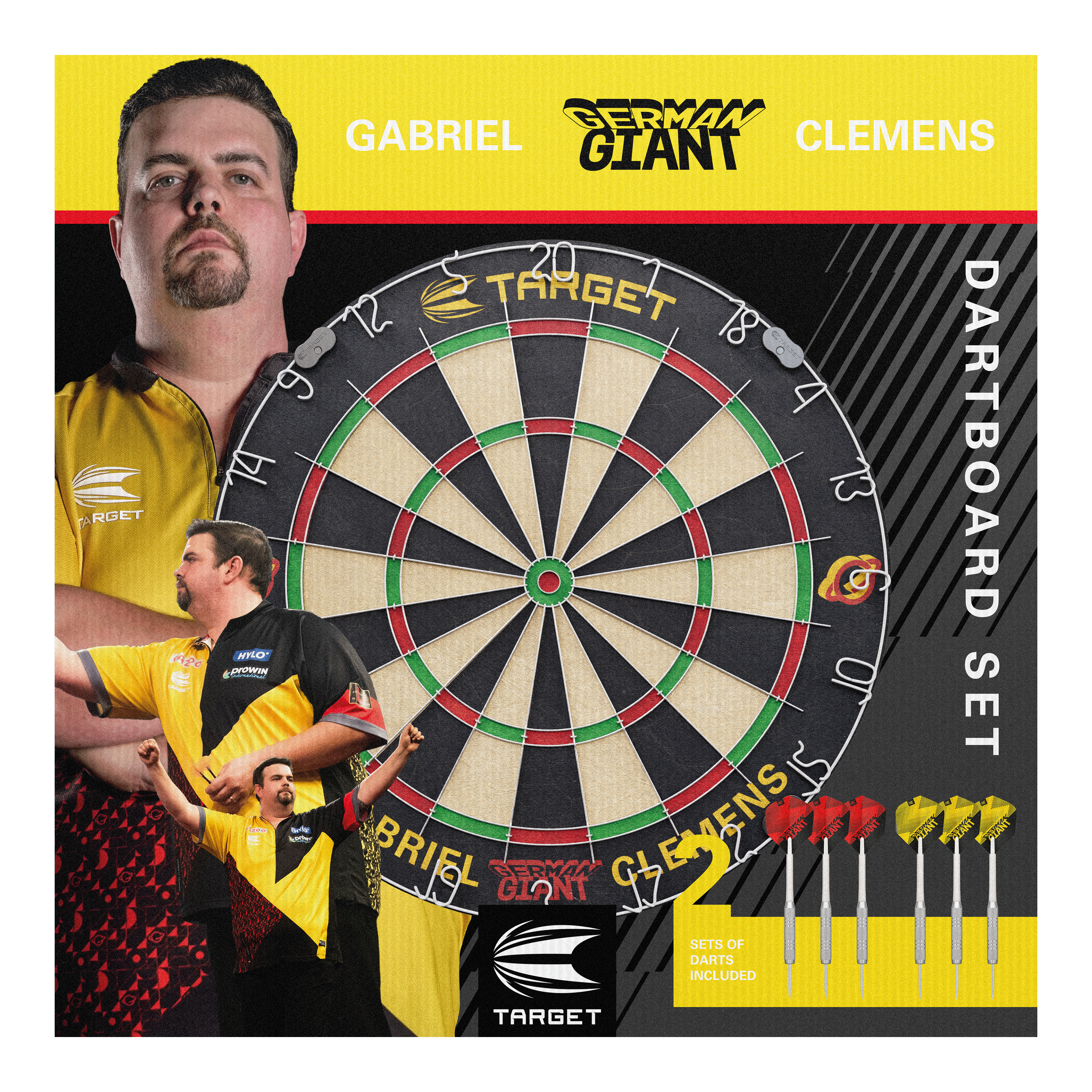 Target Gabriel Clemens steel dartboard set Das Bild zeigt das "Target Gabriel Clemens Steeldartboard Set" mit einem großen Dartboard in der Mitte. Rechts unten sind zwei Sets von Darts abgebildet, und im Hintergrund sieht man Bilder von Gabriel Clemens.