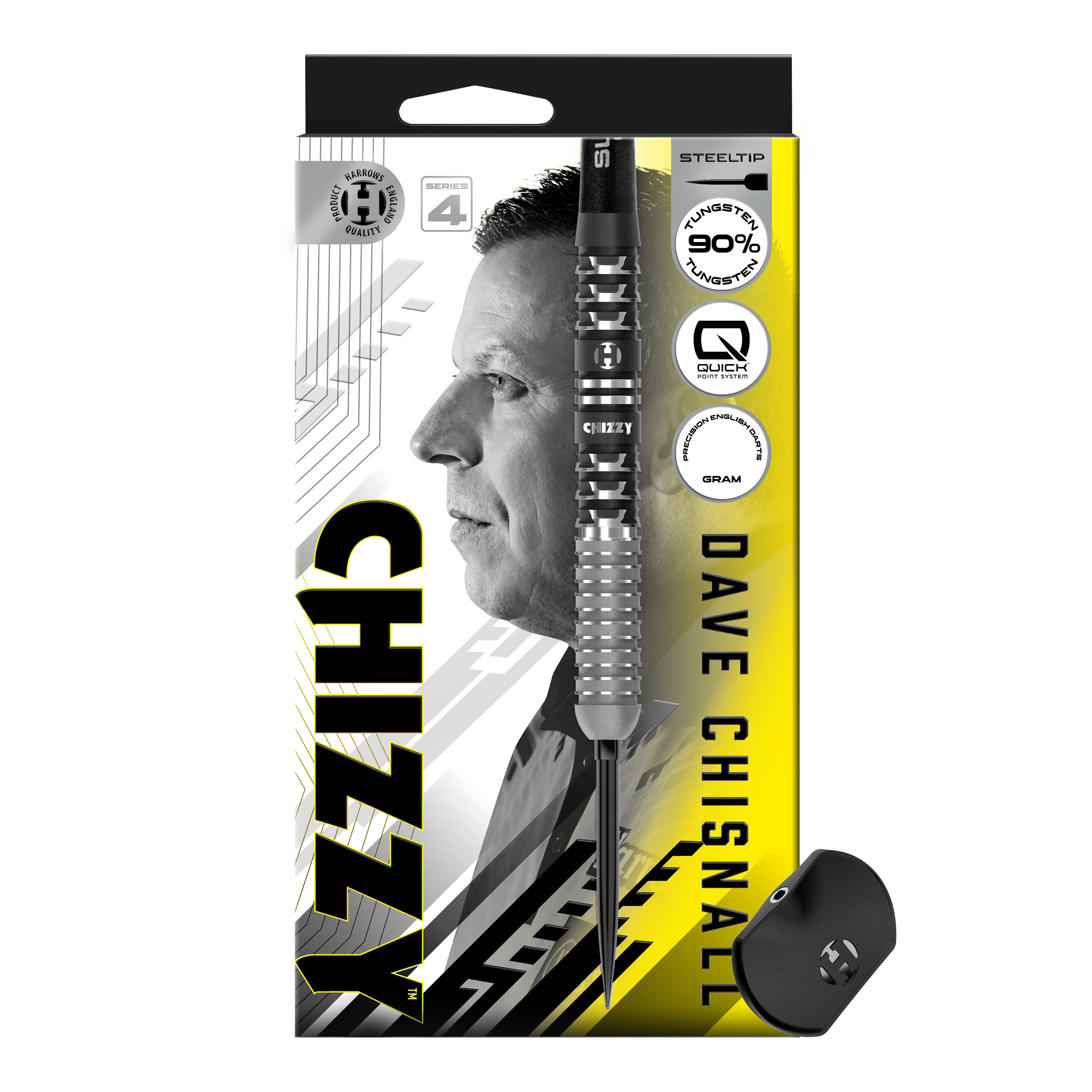 Das Bild stellt die Harrows Dave Chisnall Chizzy Series 4 Quick Point Steeldarts dar. Diese Steeldarts sind auf maximale Leistung und Genauigkeit ausgelegt.