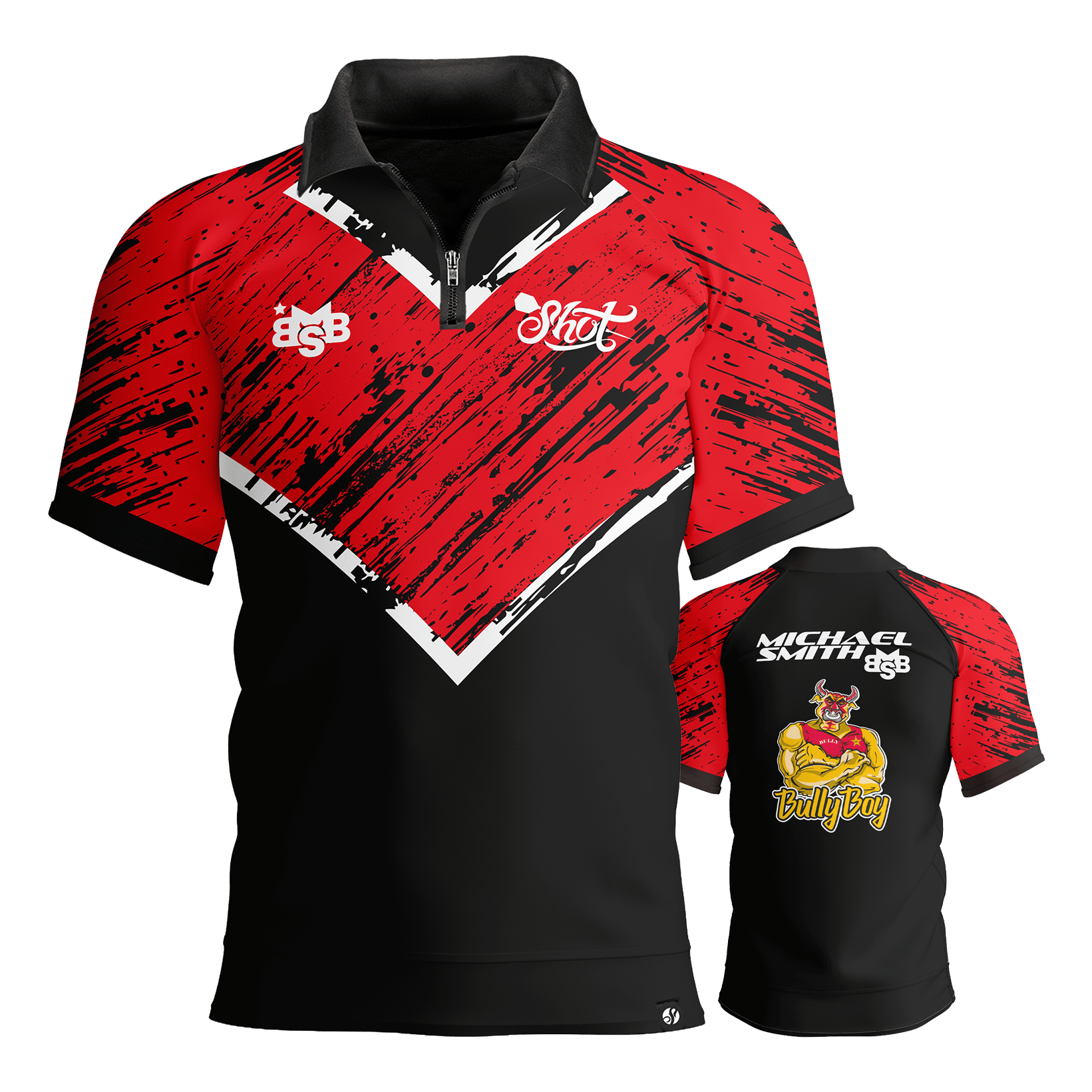 Shot Michael Smith Red Stripe Polo Dart Shirt Abgebildet wird das Shot Michael Smith Red Strip Polo Dartshirt. Dieses Polo ist ideal für Dartspieler und Fans.