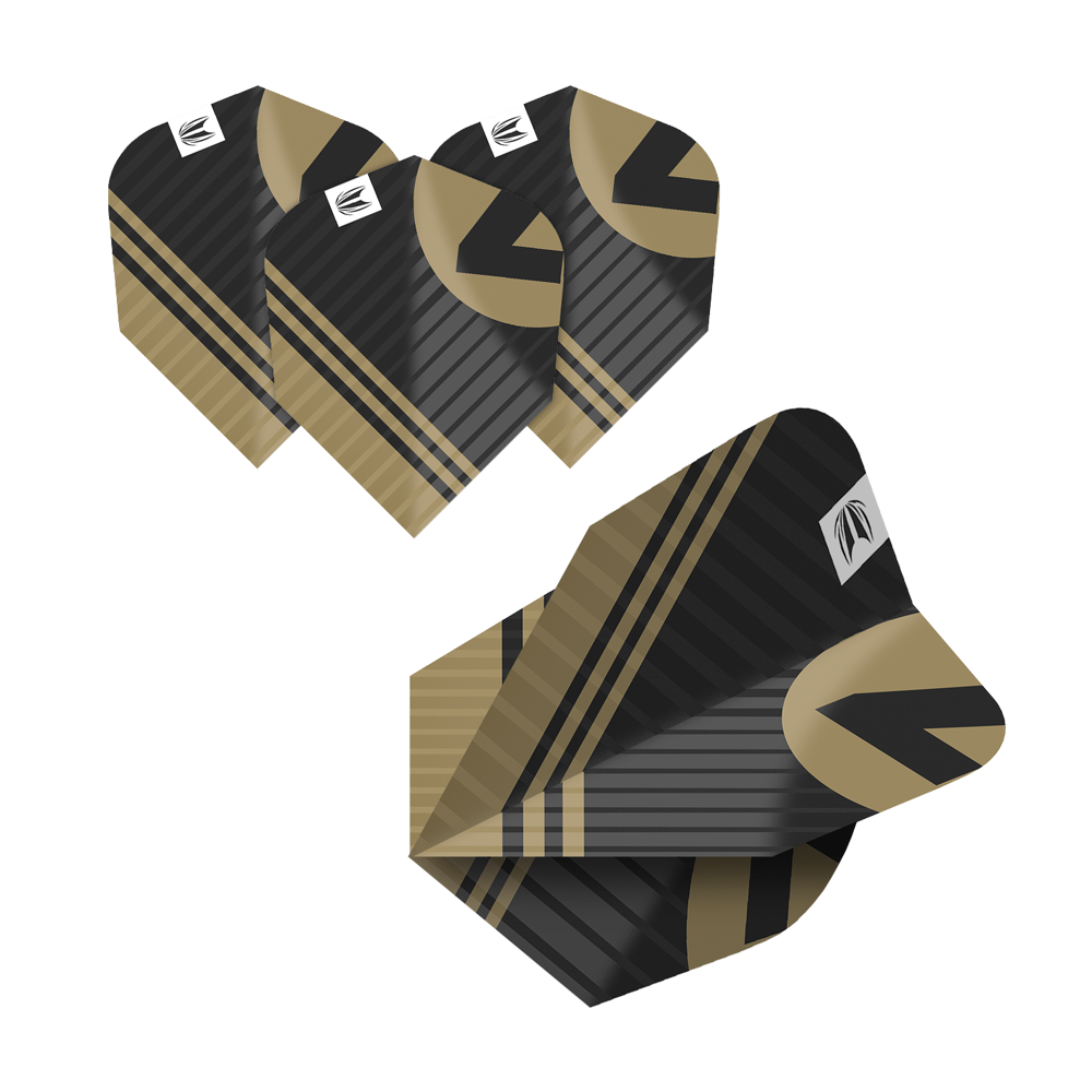 337206_Target_ProUltra_5Sets_Multipack_Chicane_Ten-X_Flights_6WG72nwjPOjvlR Das Bild zeigt fünf Sets der "Target Pro Ultra Chicane Multipack Ten-X Flights". Die Flights sind schwarz mit goldenen Streifen und einem auffälligen Design.