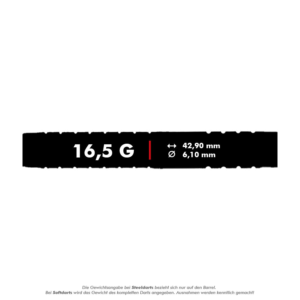 McDart 85 Tungsten V15 Softdarts - 16.5g Das Bild zeigt die technischen Daten des Produkts "McDart 85er Tungsten V15 Softdarts - 16,5g". Der Dart wiegt 16,5 Gramm, ist 42,90 mm lang und hat einen Durchmesser von 6,10 mm.
