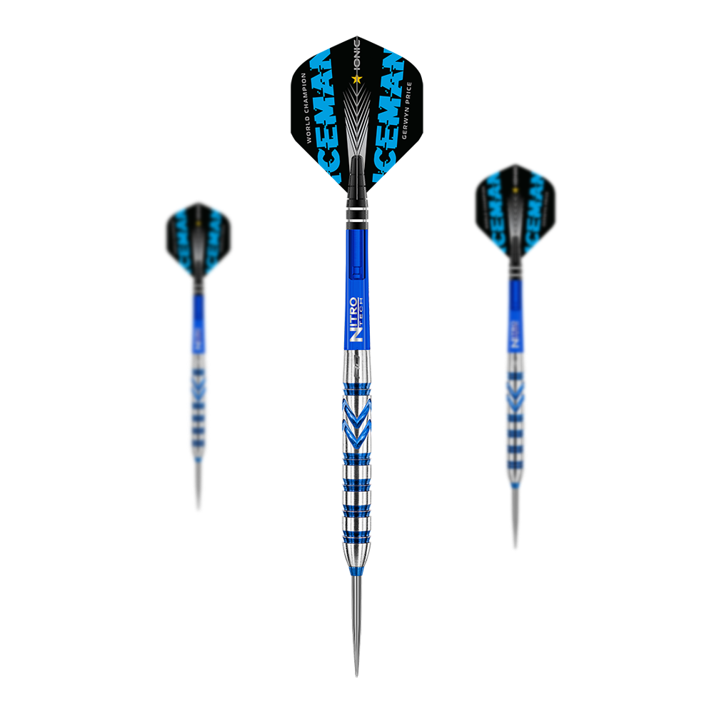Red Dragon Gerwyn Price Blue 90% steel darts Das Bild zeigt drei Steeldarts des Modells "Red Dragon Gerwyn Price Blue 90%". Die Darts sind überwiegend blau und silber mit auffälligen blauen Flights.