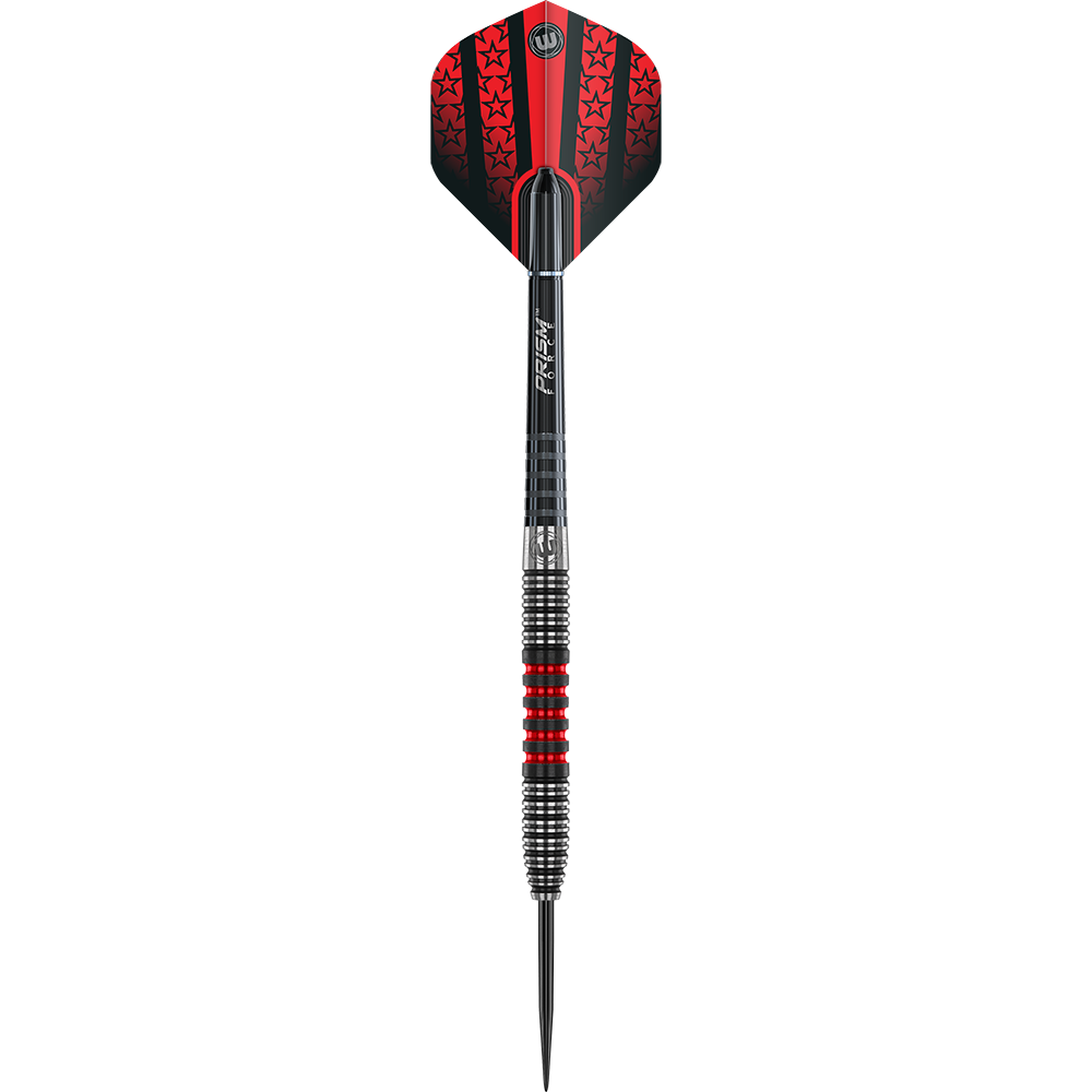 1462_Winmau_Joe_Cullen_90_Steeldarts_1lPqaDJsQbZd4l Das Bild zeigt einen Winmau Joe Cullen Steeldart. Der Dartpfeil hat rote und schwarze Akzente sowie ein sternenverziertes Flight-Design.